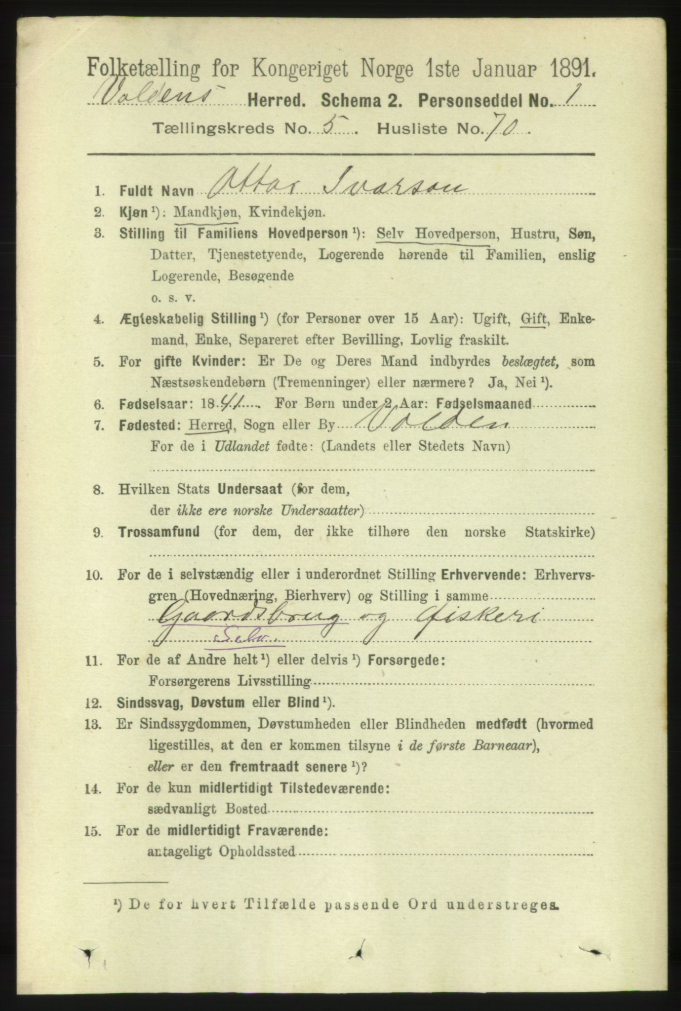 RA, 1891 census for 1519 Volda, 1891, p. 2701