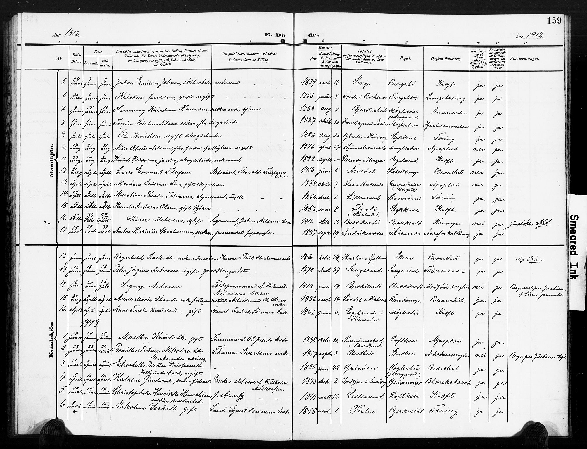 Vestre Moland sokneprestkontor, SAK/1111-0046/F/Fb/Fbb/L0007: Parish register (copy) no. B 7, 1906-1929, p. 159