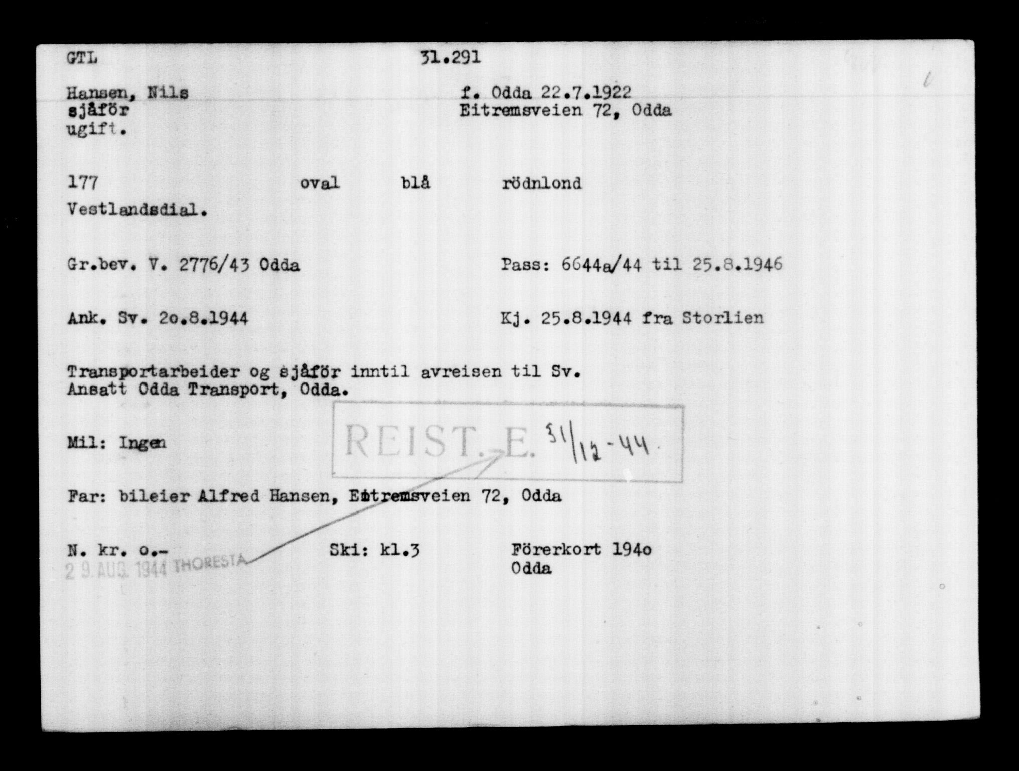 Den Kgl. Norske Legasjons Flyktningskontor, RA/S-6753/V/Va/L0012: Kjesäterkartoteket.  Flyktningenr. 28300-31566, 1940-1945, p. 3238