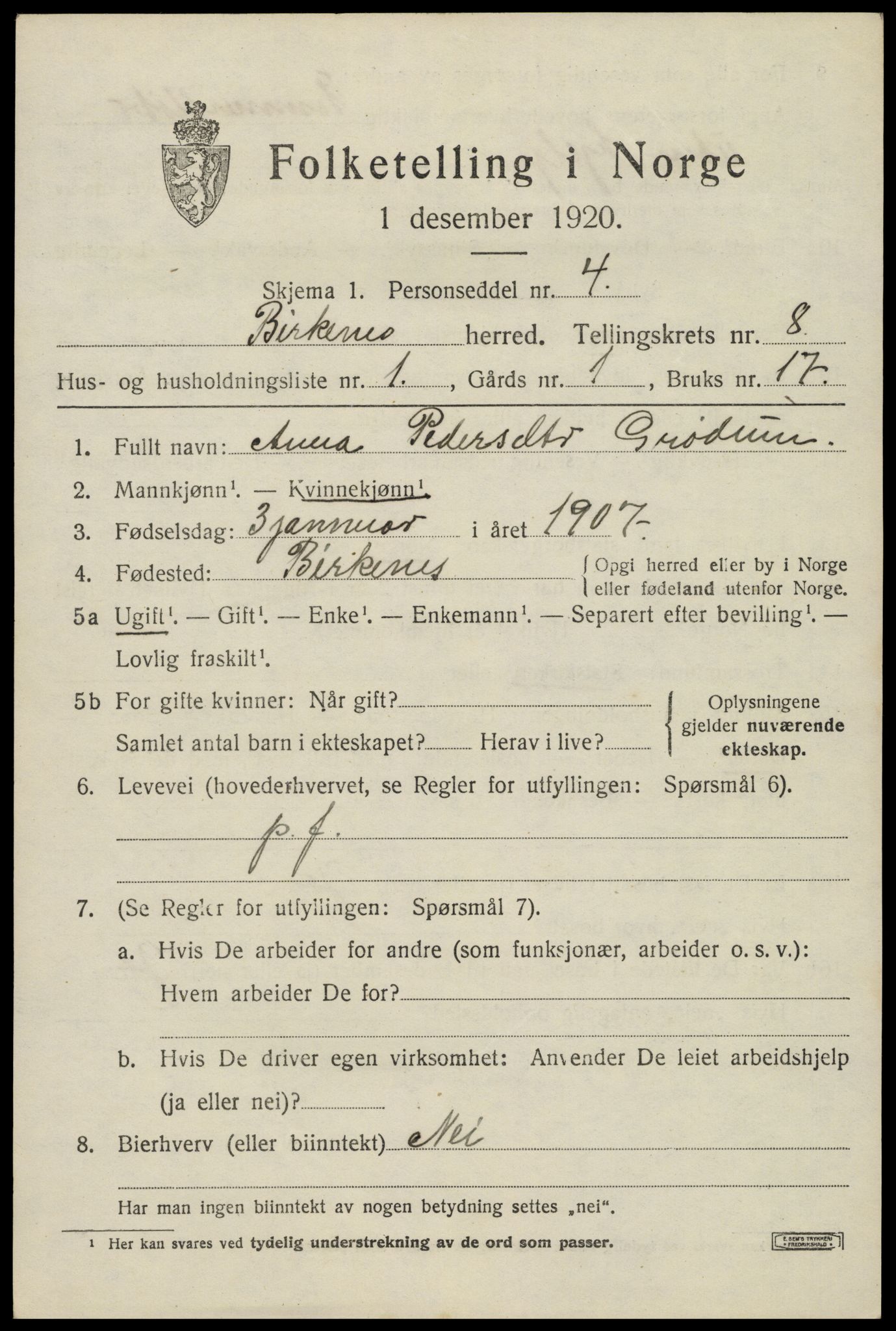 SAK, 1920 census for Birkenes, 1920, p. 4131