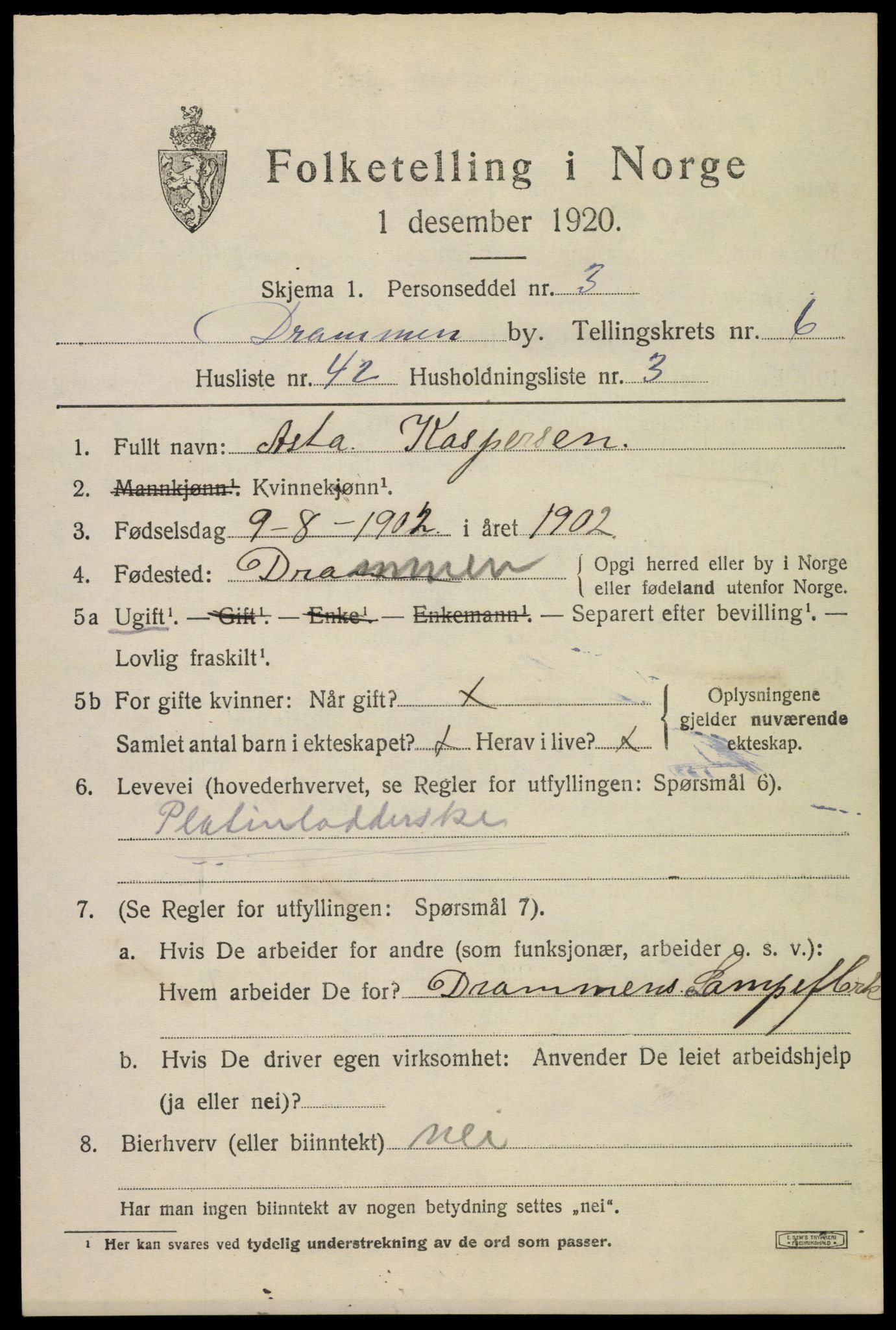 SAKO, 1920 census for Drammen, 1920, p. 41839