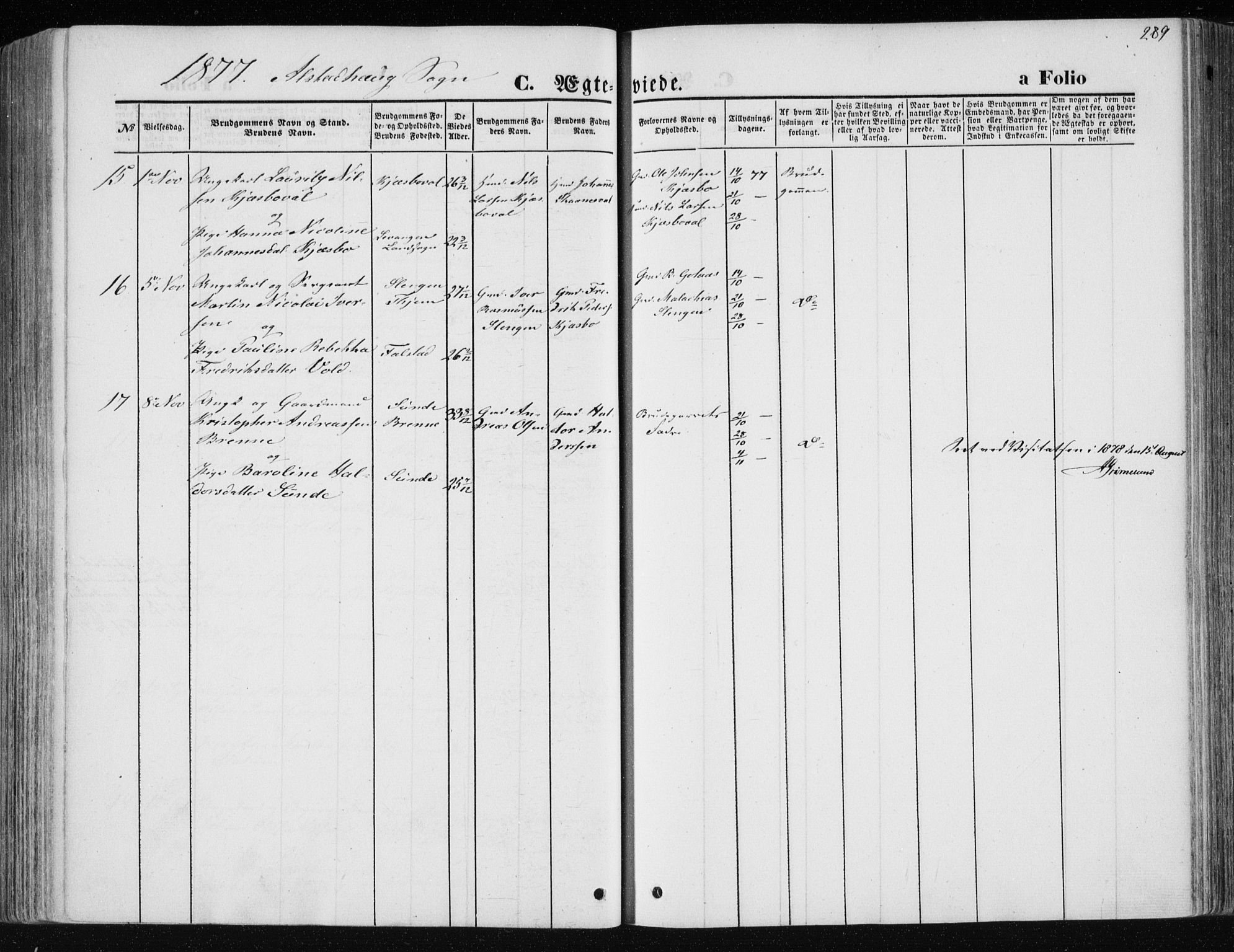 Ministerialprotokoller, klokkerbøker og fødselsregistre - Nord-Trøndelag, AV/SAT-A-1458/717/L0157: Parish register (official) no. 717A08 /1, 1863-1877, p. 289