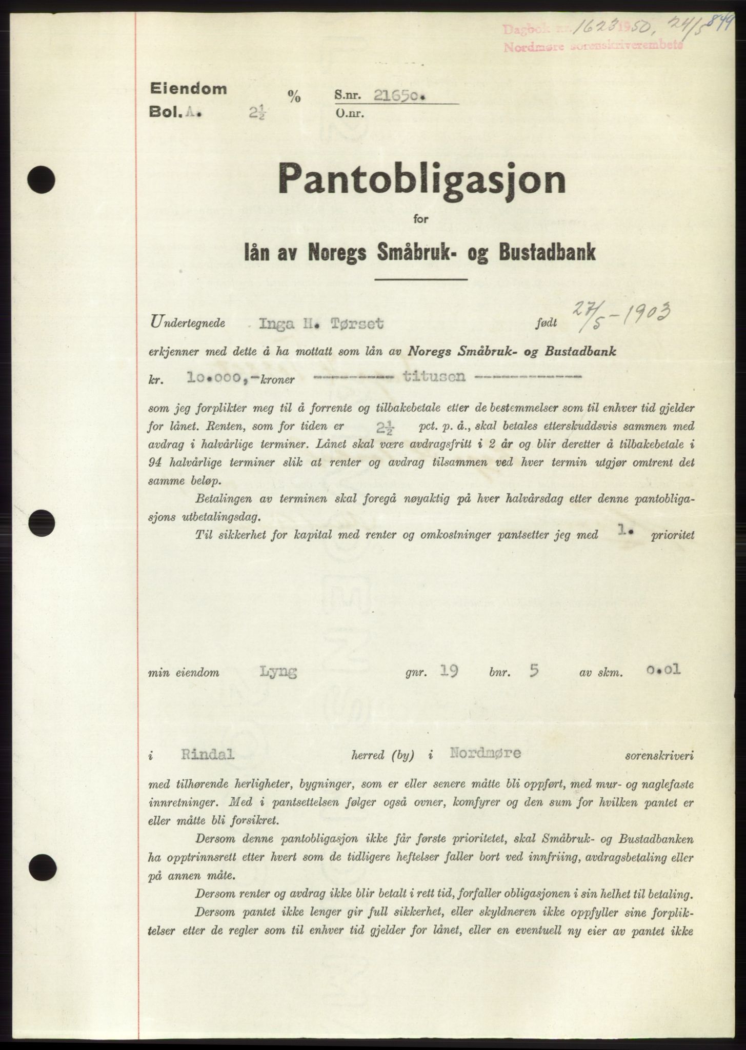 Nordmøre sorenskriveri, AV/SAT-A-4132/1/2/2Ca: Mortgage book no. B104, 1950-1950, Diary no: : 1623/1950