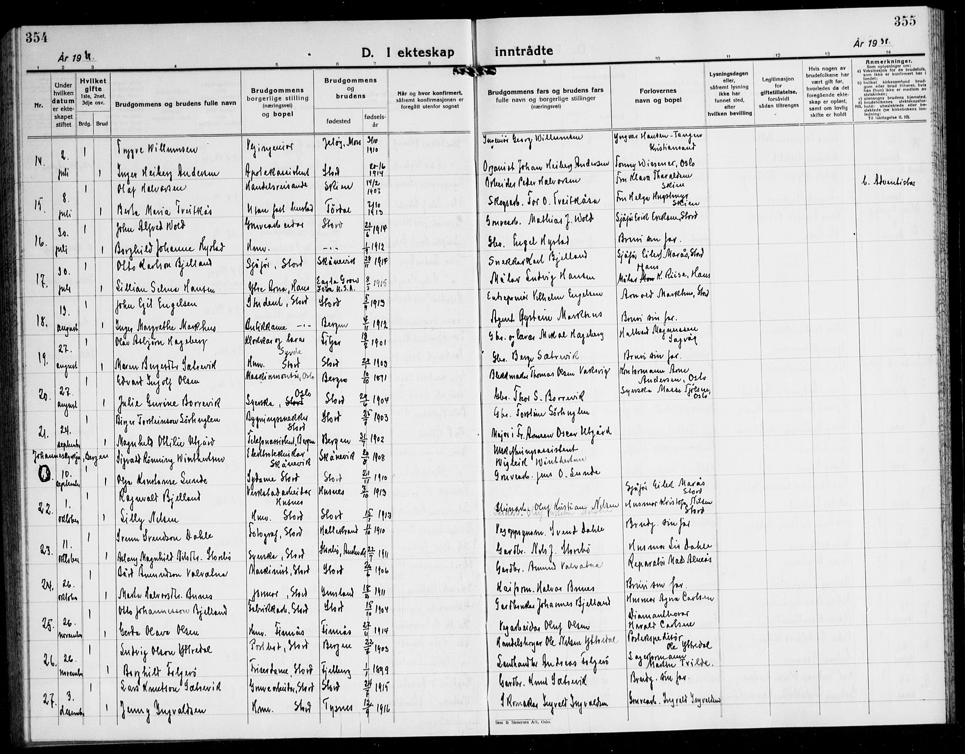 Stord sokneprestembete, AV/SAB-A-78201/H/Hab: Parish register (copy) no. A 5, 1933-1945, p. 354-355