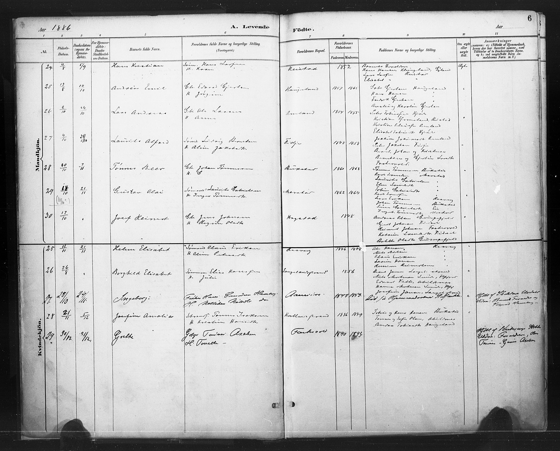 Flekkefjord sokneprestkontor, AV/SAK-1111-0012/F/Fa/Fab/L0006: Parish register (official) no. A 6, 1886-1901, p. 6