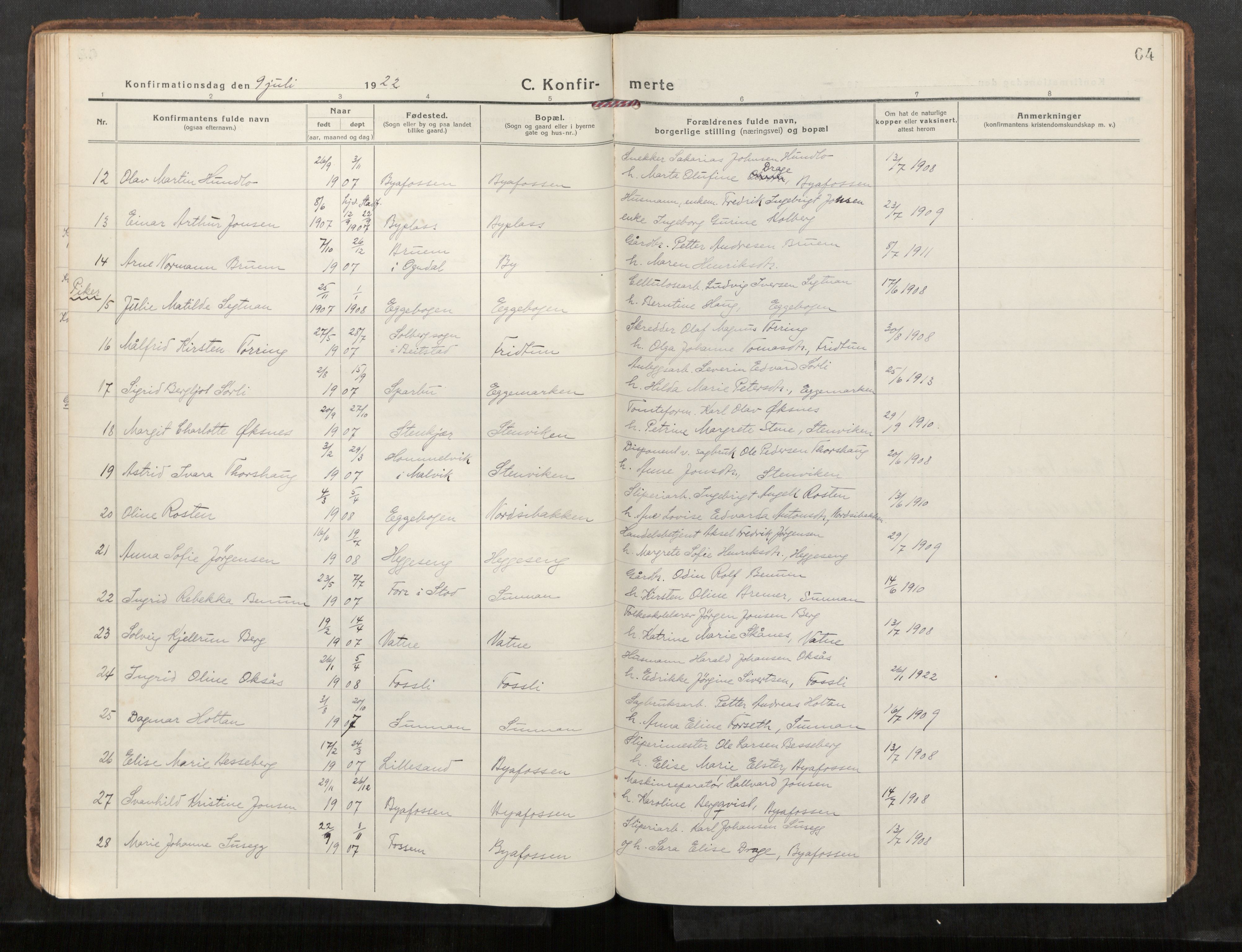 Steinkjer sokneprestkontor, AV/SAT-A-1541/01/H/Ha/Haa/L0004: Parish register (official) no. 4, 1918-1924, p. 64