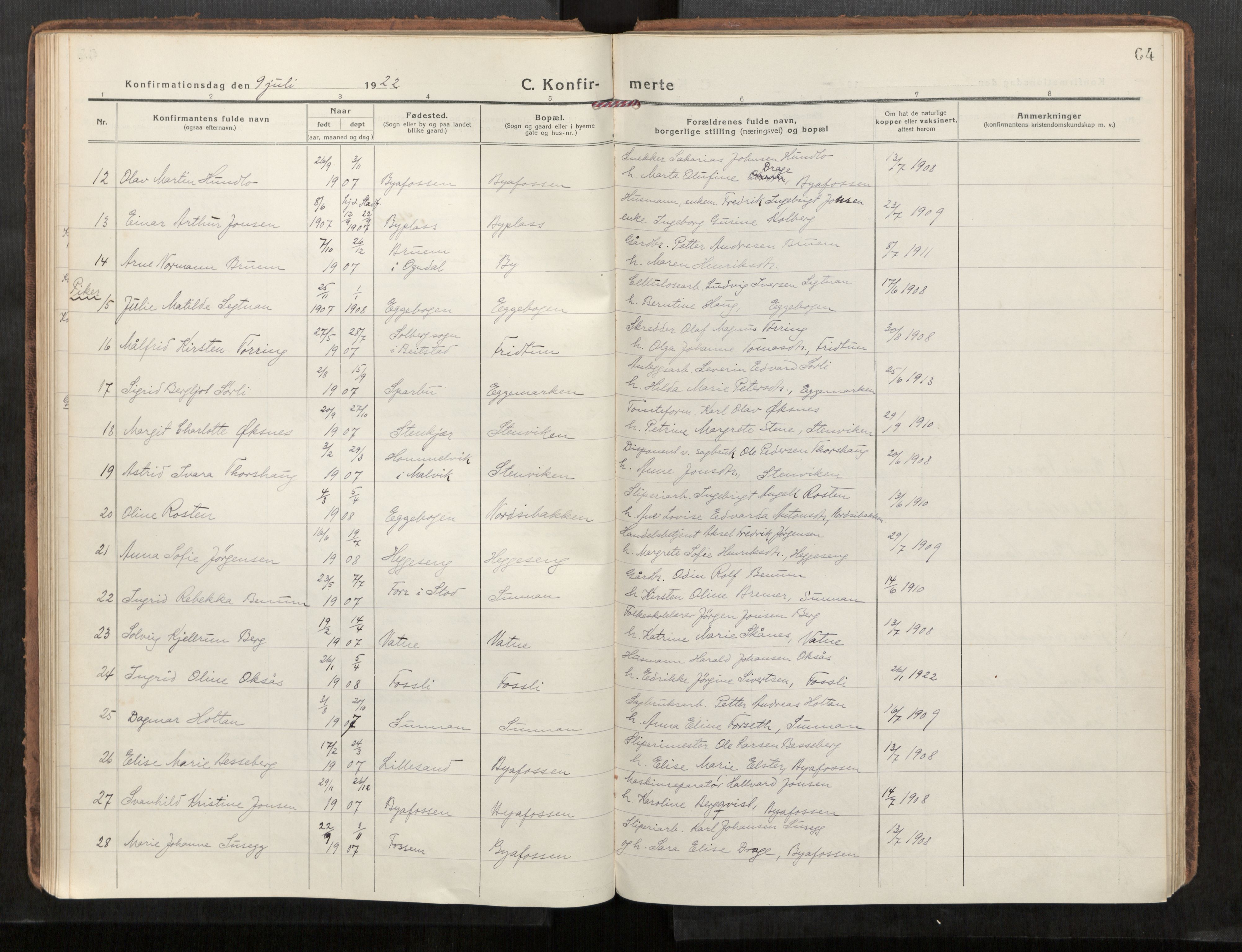 Steinkjer sokneprestkontor, SAT/A-1541/01/H/Ha/Haa/L0004: Parish register (official) no. 4, 1918-1924, p. 64