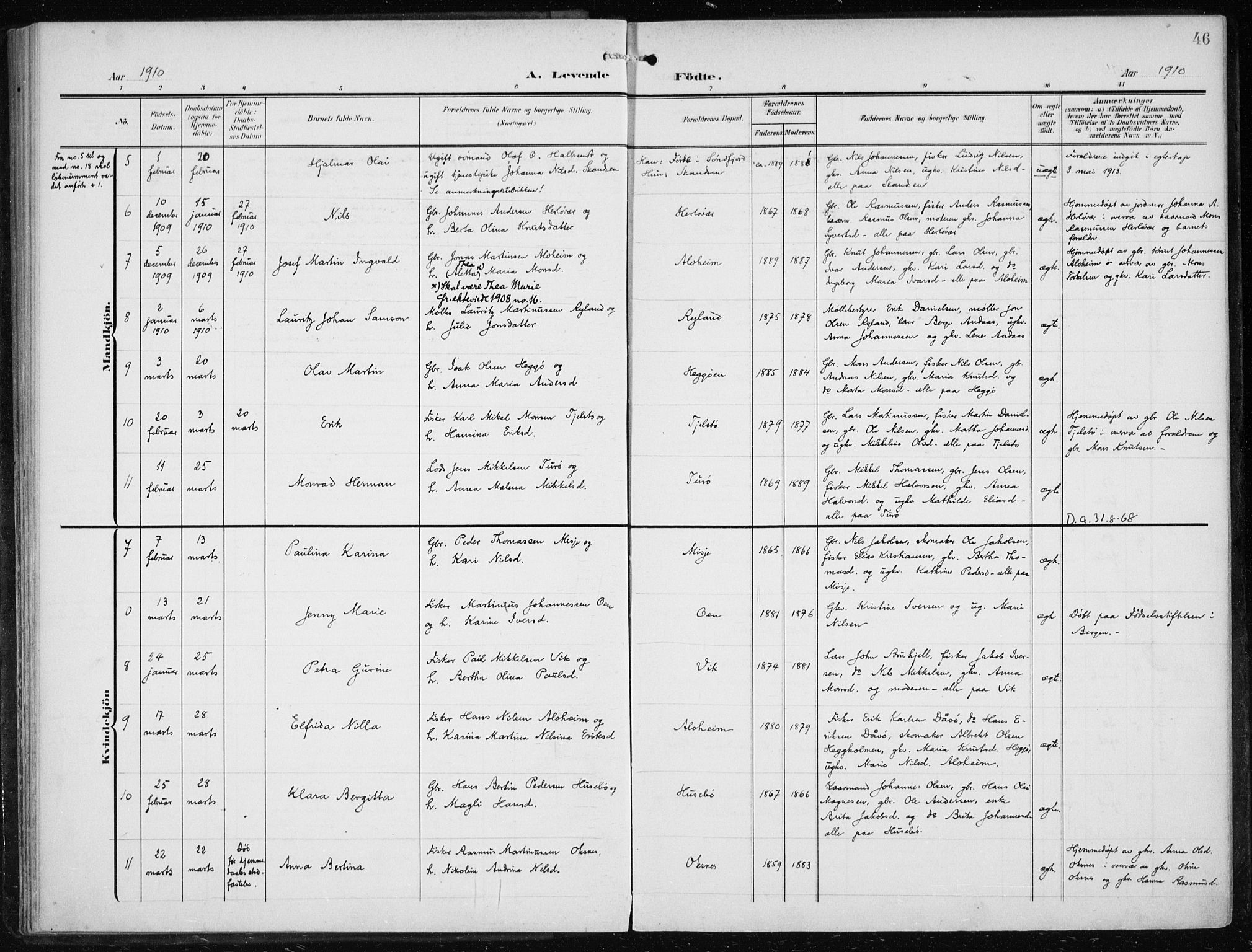 Herdla Sokneprestembete, SAB/A-75701/H/Haa: Parish register (official) no. A 5, 1905-1918, p. 46
