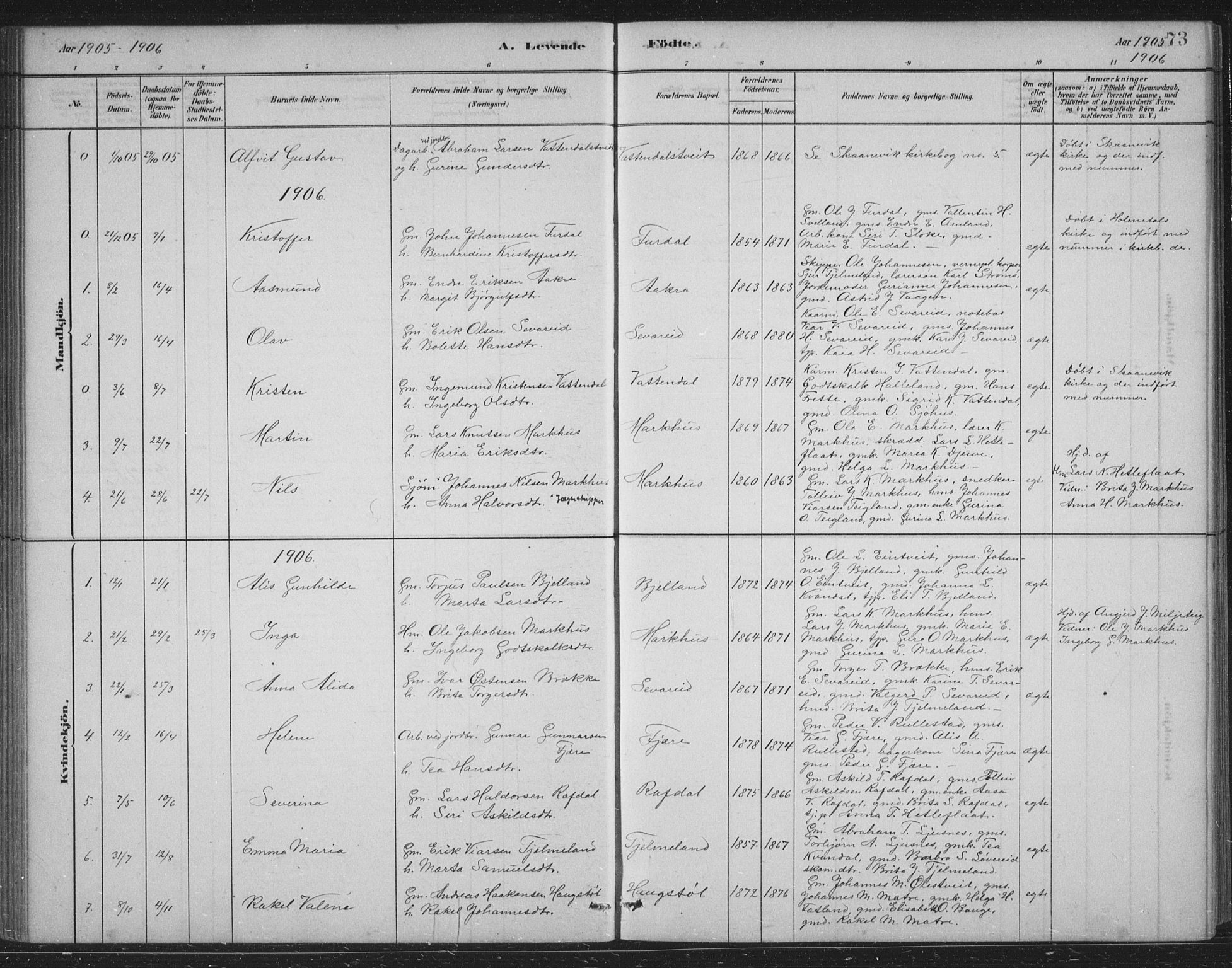 Skånevik sokneprestembete, SAB/A-77801/H/Hab: Parish register (copy) no. B 2, 1881-1920, p. 73