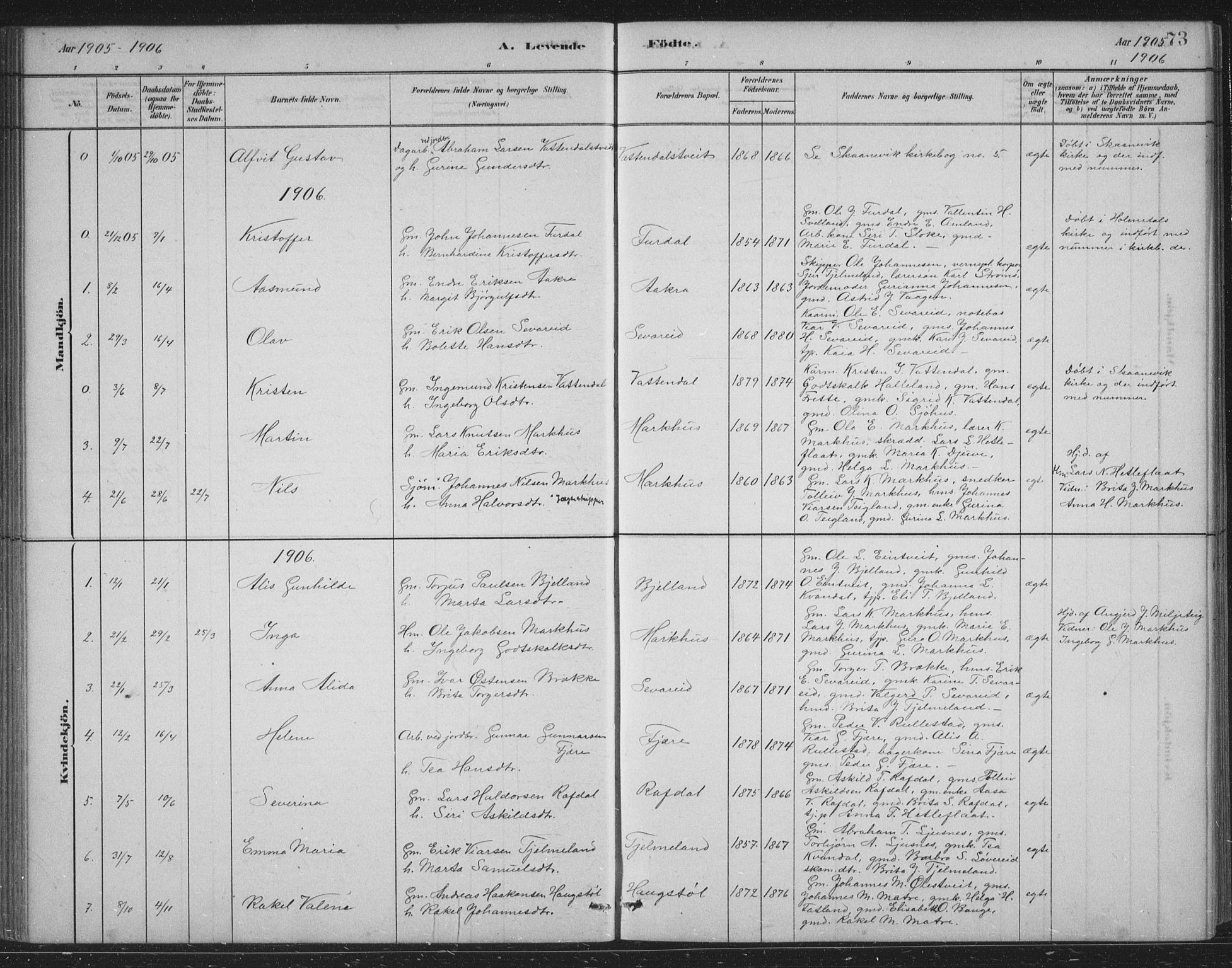 Skånevik sokneprestembete, AV/SAB-A-77801/H/Hab: Parish register (copy) no. B 2, 1881-1920, p. 73