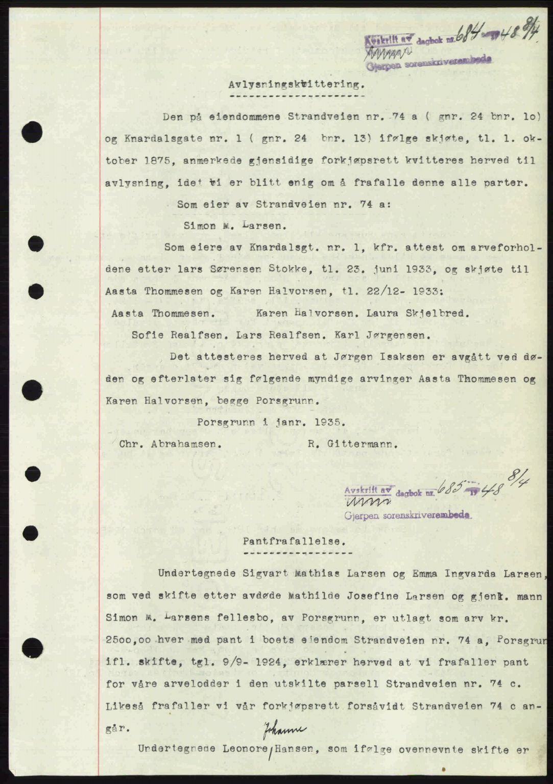 Gjerpen sorenskriveri, AV/SAKO-A-216/G/Ga/Gae/L0083: Mortgage book no. A-83, 1947-1948, Diary no: : 684/1948