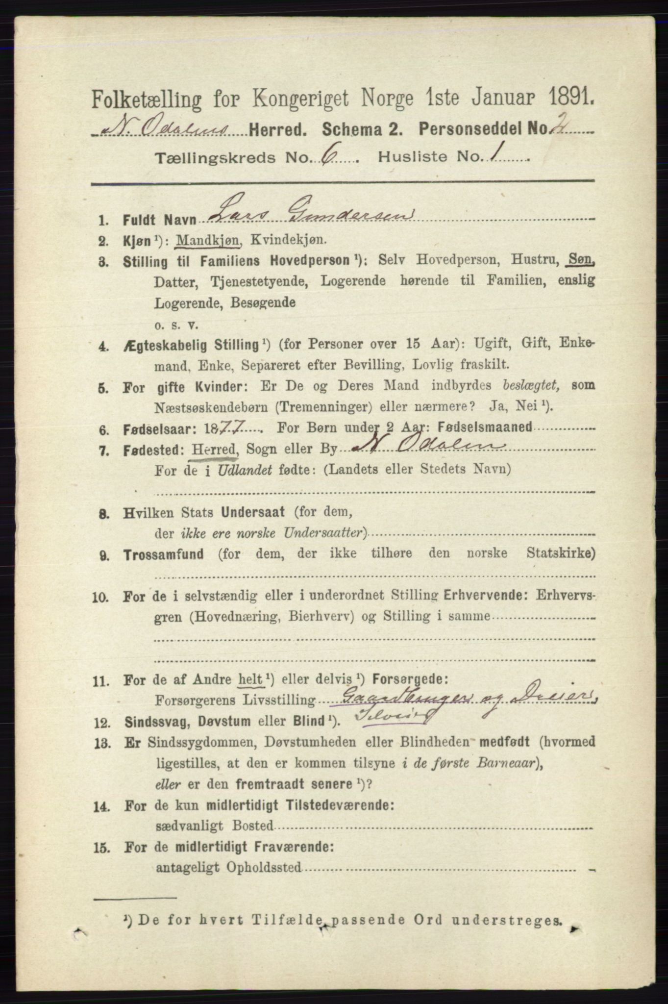 RA, 1891 census for 0418 Nord-Odal, 1891, p. 2274