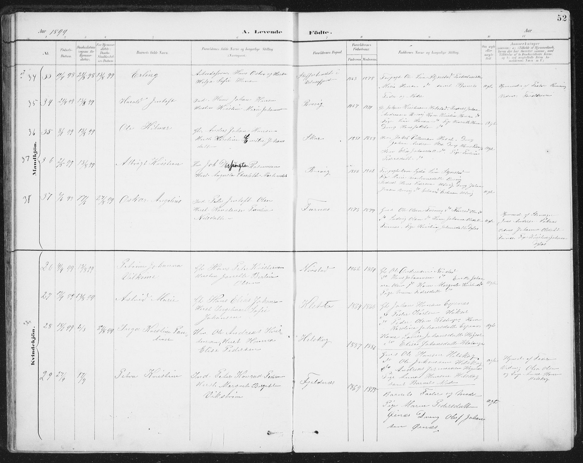 Ministerialprotokoller, klokkerbøker og fødselsregistre - Nordland, SAT/A-1459/852/L0741: Parish register (official) no. 852A11, 1894-1917, p. 52