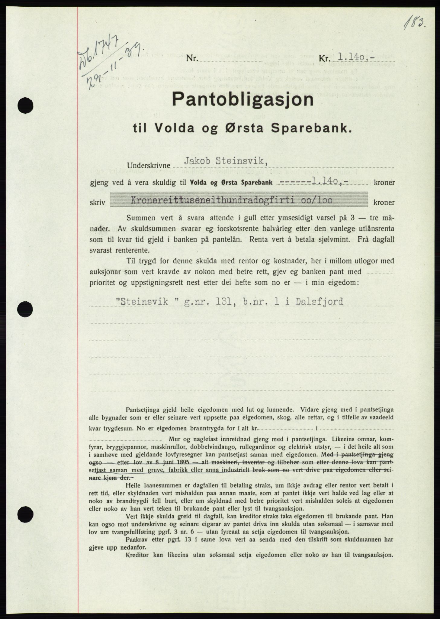 Søre Sunnmøre sorenskriveri, AV/SAT-A-4122/1/2/2C/L0069: Mortgage book no. 63, 1939-1940, Diary no: : 1747/1939