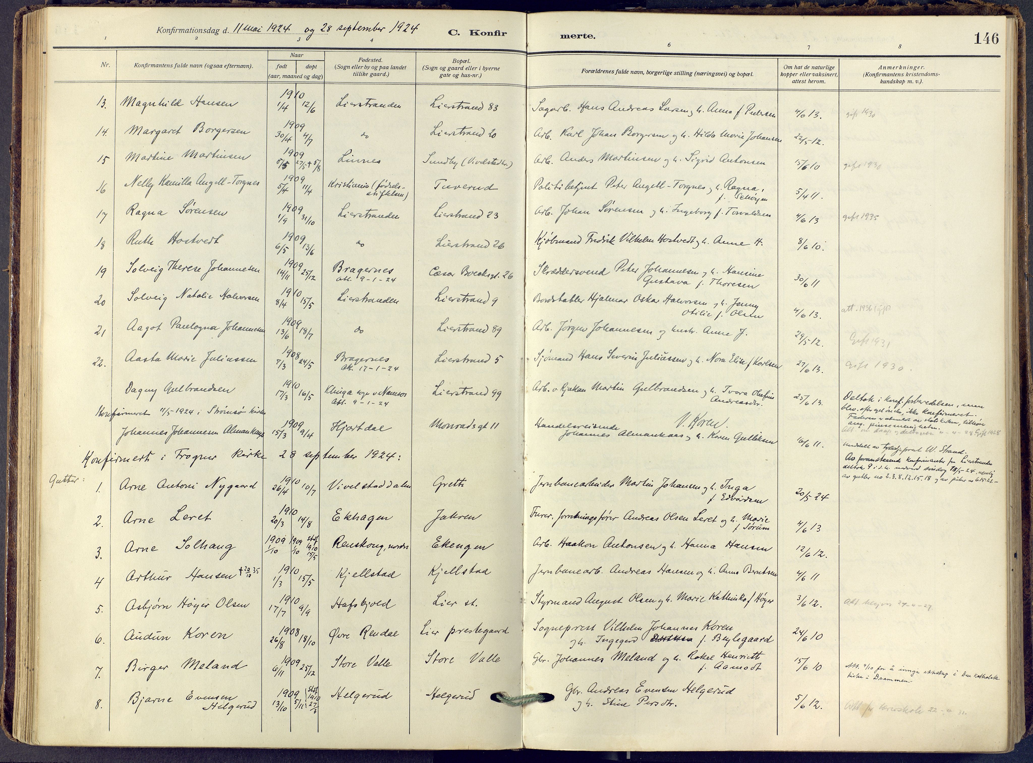 Lier kirkebøker, SAKO/A-230/F/Fa/L0019: Parish register (official) no. I 19, 1918-1928, p. 146