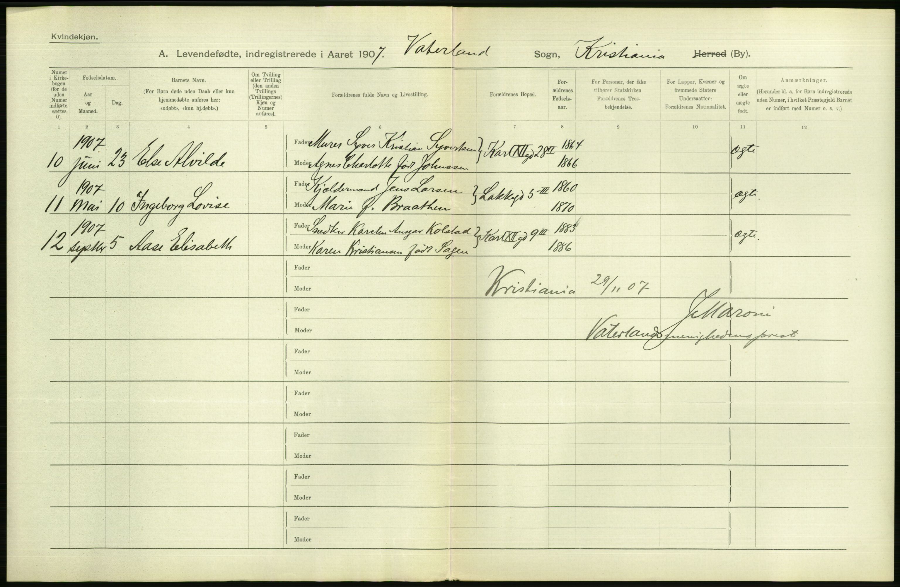 Statistisk sentralbyrå, Sosiodemografiske emner, Befolkning, AV/RA-S-2228/D/Df/Dfa/Dfae/L0007: Kristiania: Levendefødte menn og kvinner., 1907, p. 720