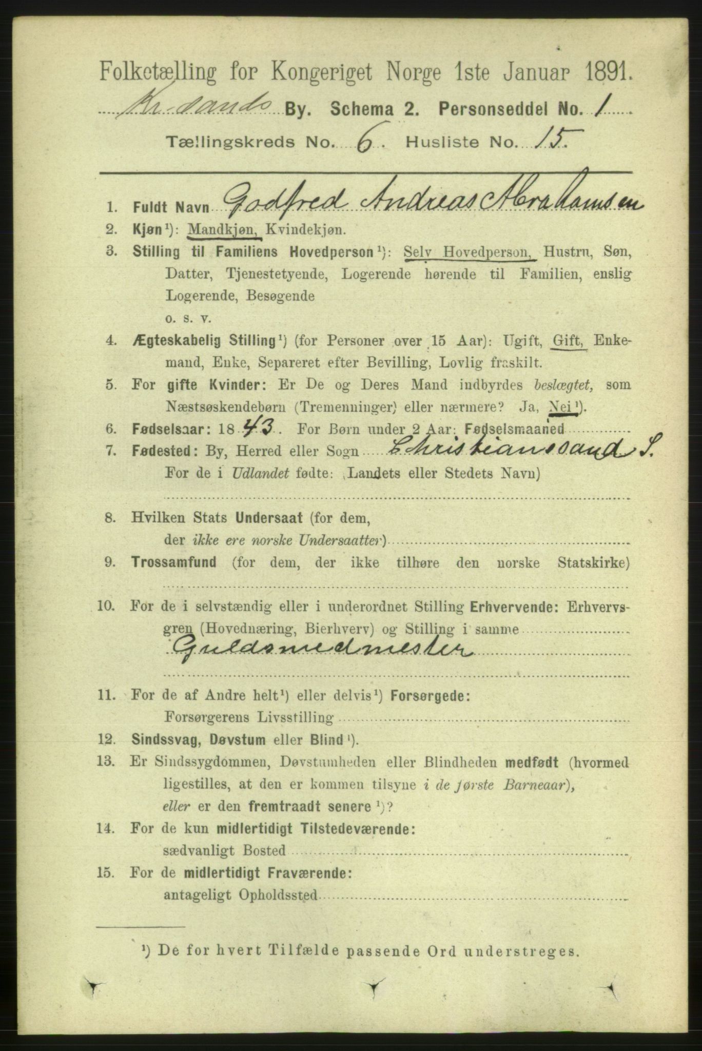 RA, 1891 census for 1001 Kristiansand, 1891, p. 4611