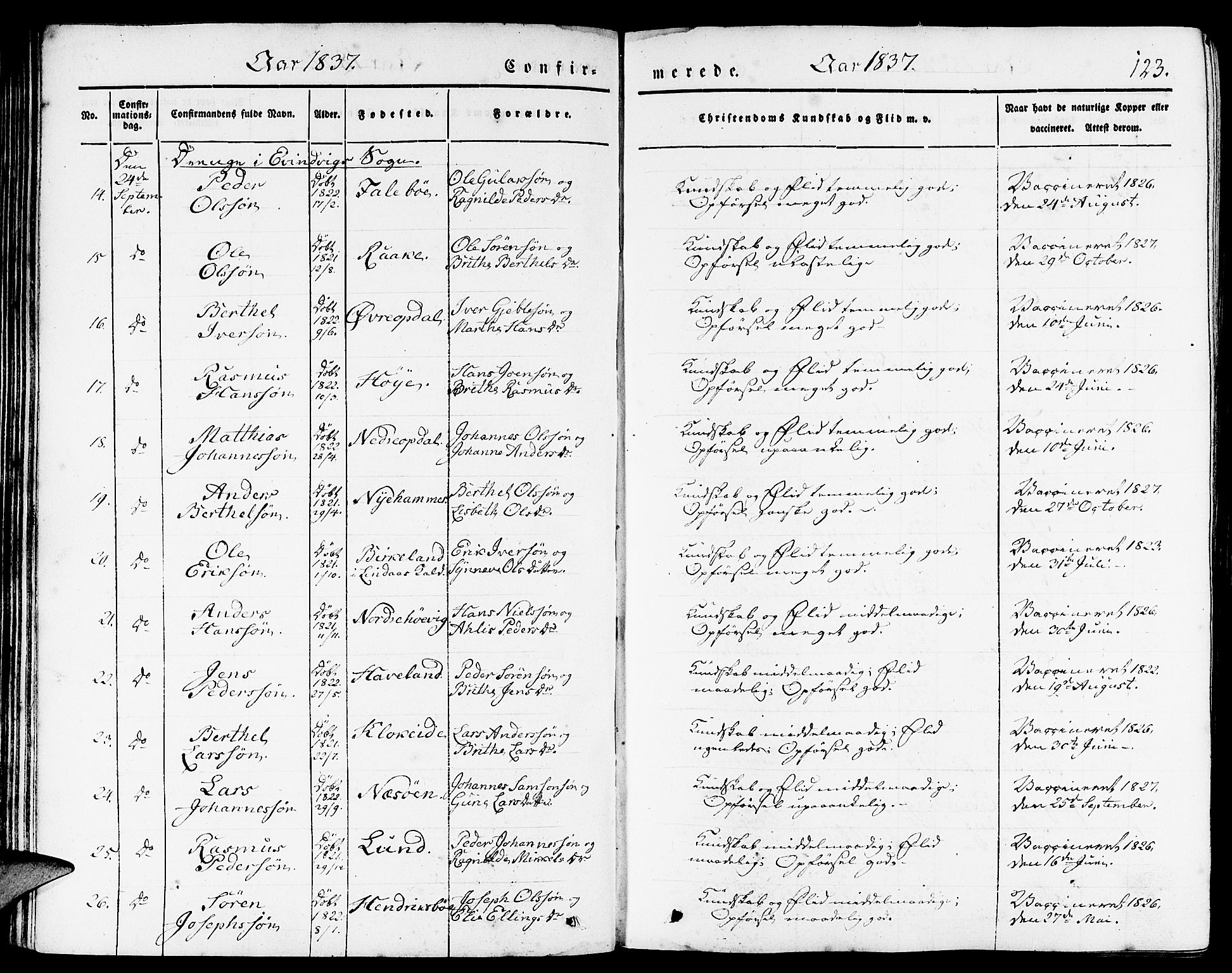 Gulen sokneprestembete, AV/SAB-A-80201/H/Haa/Haaa/L0020: Parish register (official) no. A 20, 1837-1847, p. 123