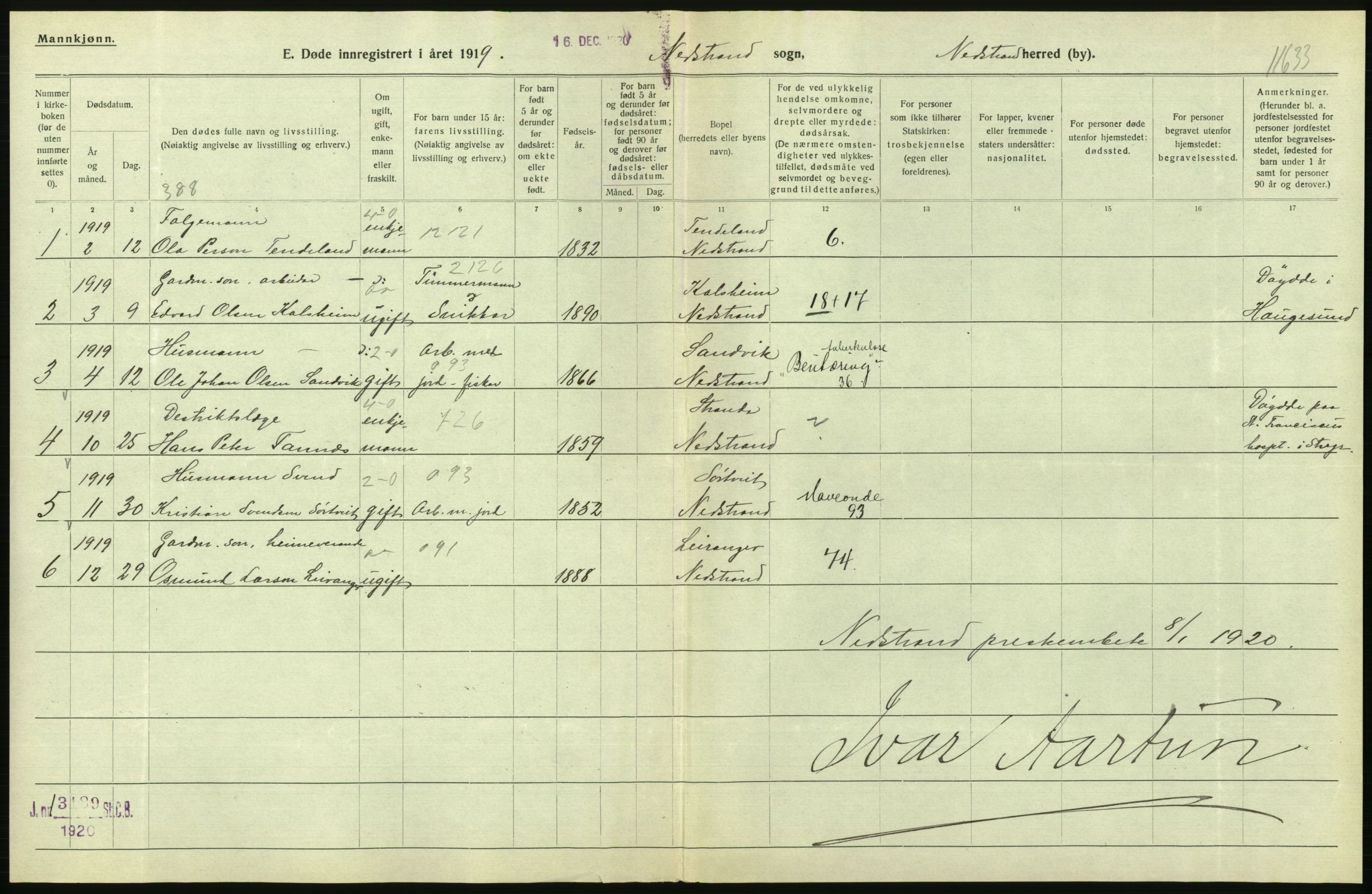 Statistisk sentralbyrå, Sosiodemografiske emner, Befolkning, AV/RA-S-2228/D/Df/Dfb/Dfbi/L0030: Rogaland fylke: Døde. Bygder og byer., 1919, p. 108