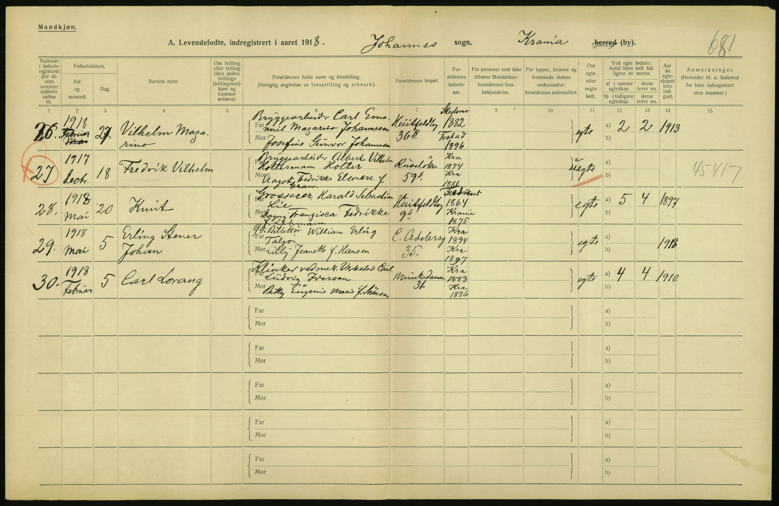 Statistisk sentralbyrå, Sosiodemografiske emner, Befolkning, AV/RA-S-2228/D/Df/Dfb/Dfbh/L0008: Kristiania: Levendefødte menn og kvinner., 1918, p. 574