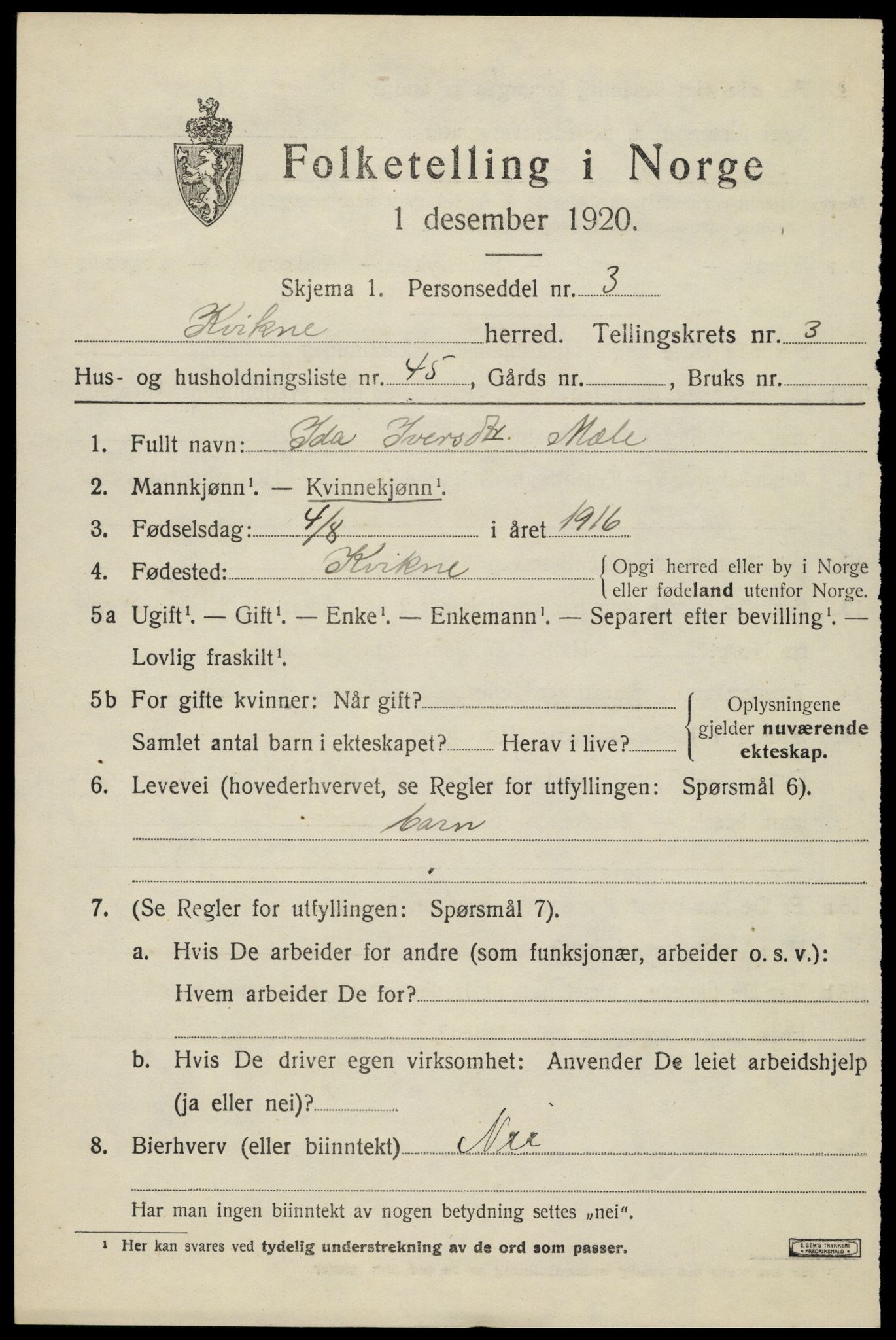 SAH, 1920 census for Kvikne, 1920, p. 1622