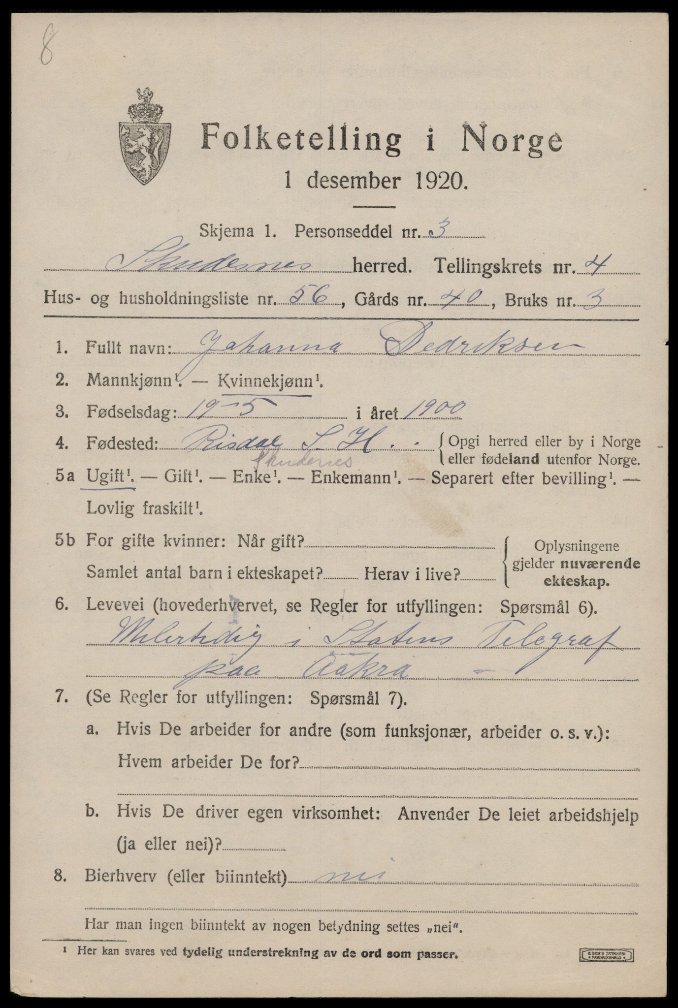 SAST, 1920 census for Skudenes, 1920, p. 3992