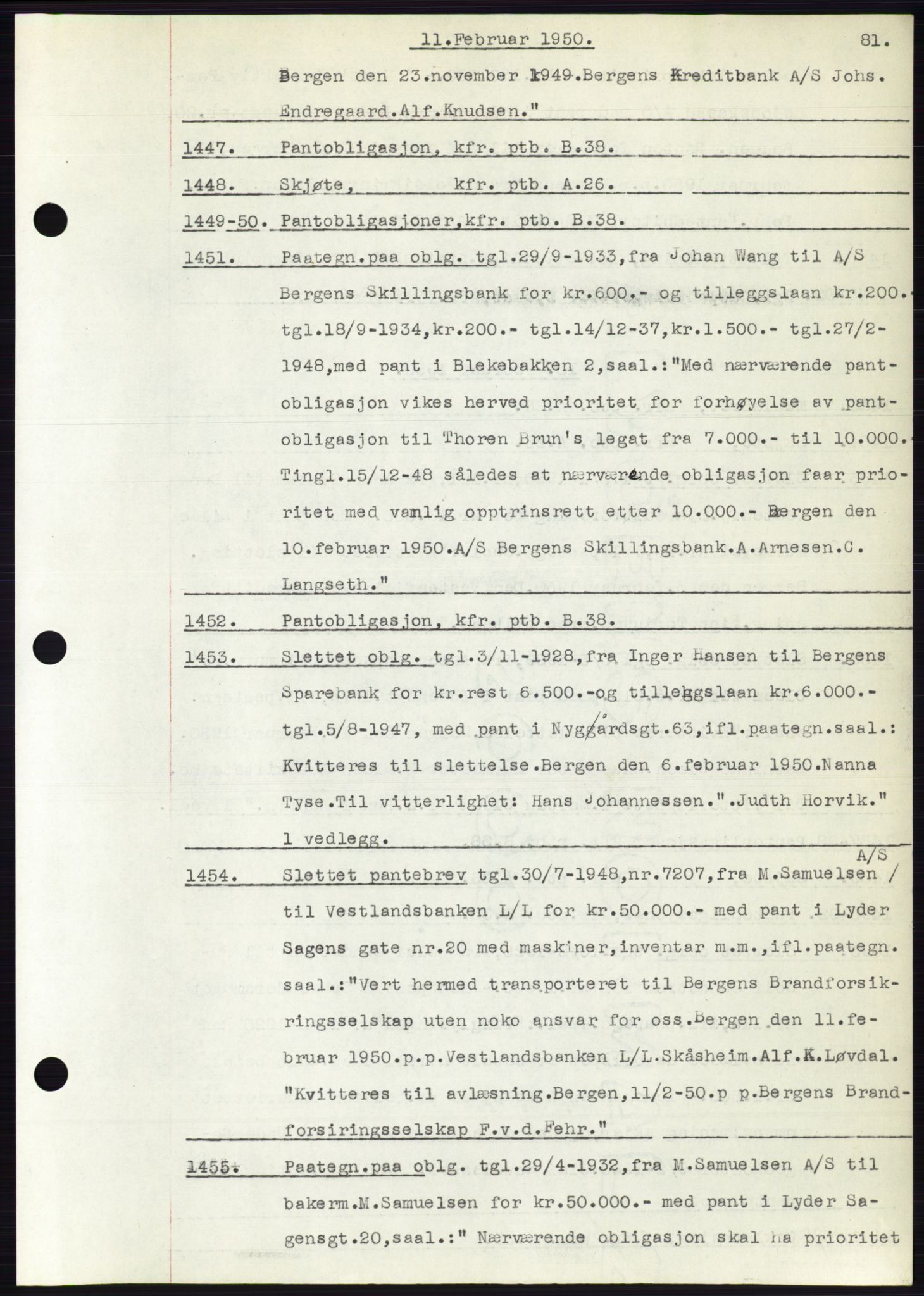 Byfogd og Byskriver i Bergen, AV/SAB-A-3401/03: Mortgage book no. C 38, 1949-1950, Diary no: : 1447/1950