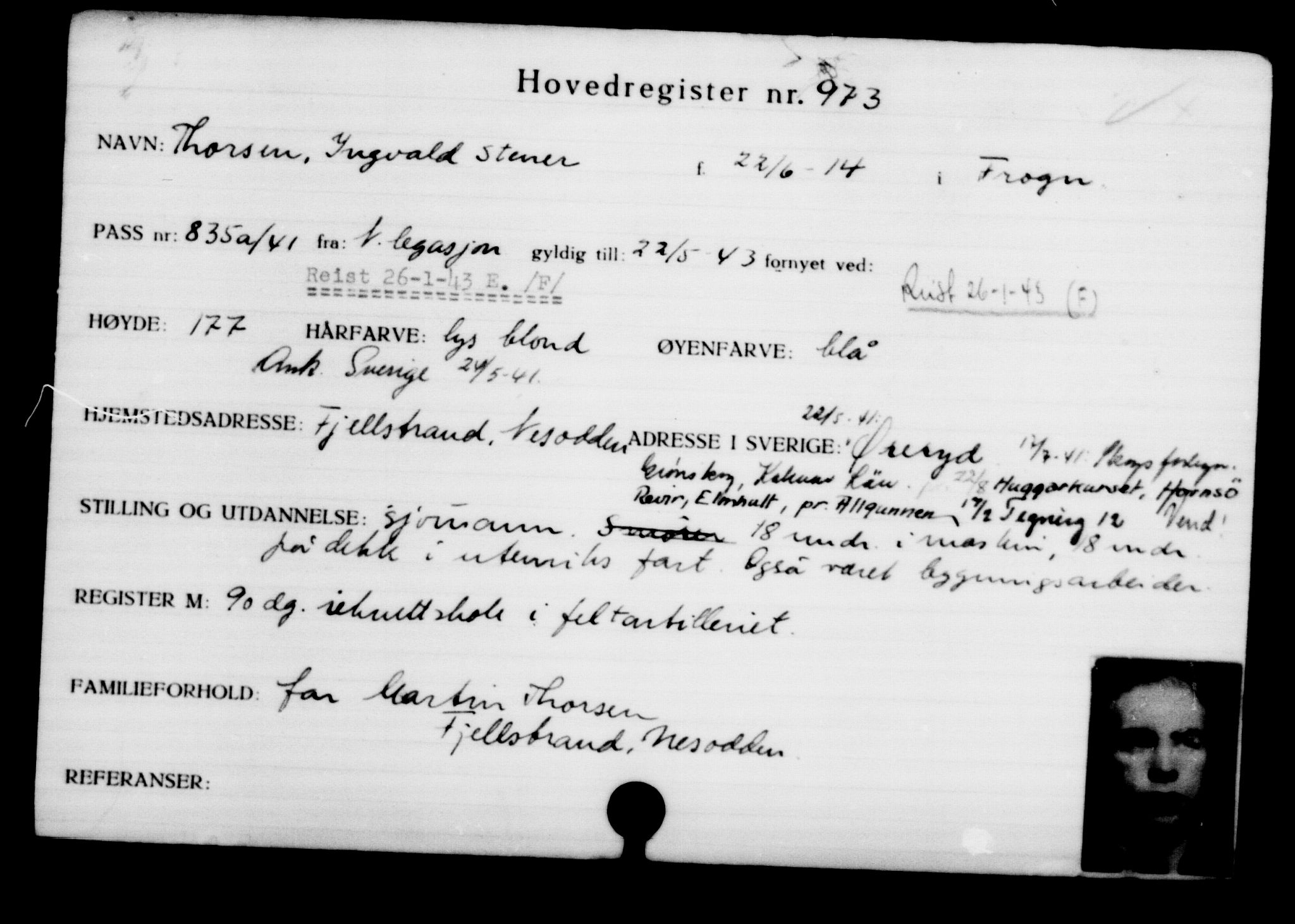 Utenriksstasjonene, Legasjonen i Stockholm, Flyktningkontoret, AV/RA-S-6753/V/Va/L0001: Kjesäterkartoteket, flyktninger med registreringsnr. 1-1000, 1940-1945, p. 1511