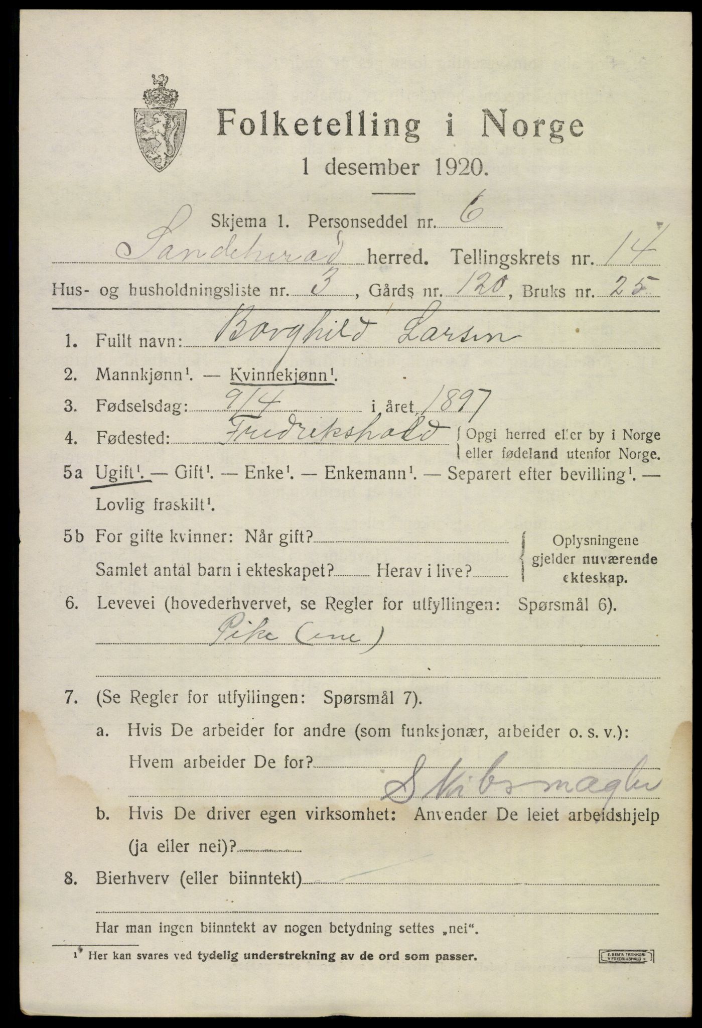 SAKO, 1920 census for Sandeherred, 1920, p. 20220