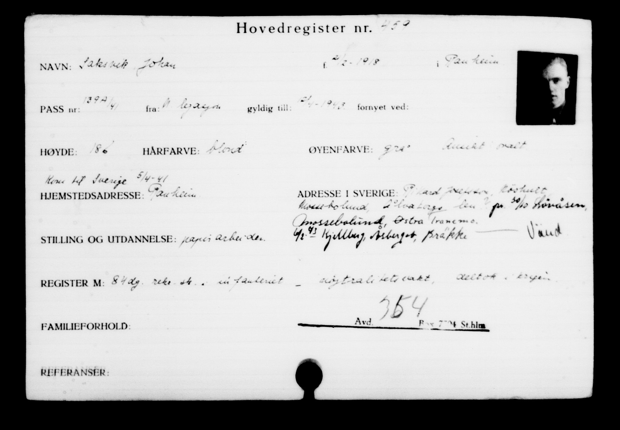 Utenriksstasjonene, Legasjonen i Stockholm, Flyktningkontoret, AV/RA-S-6753/V/Va/L0001: Kjesäterkartoteket, flyktninger med registreringsnr. 1-1000, 1940-1945, p. 714