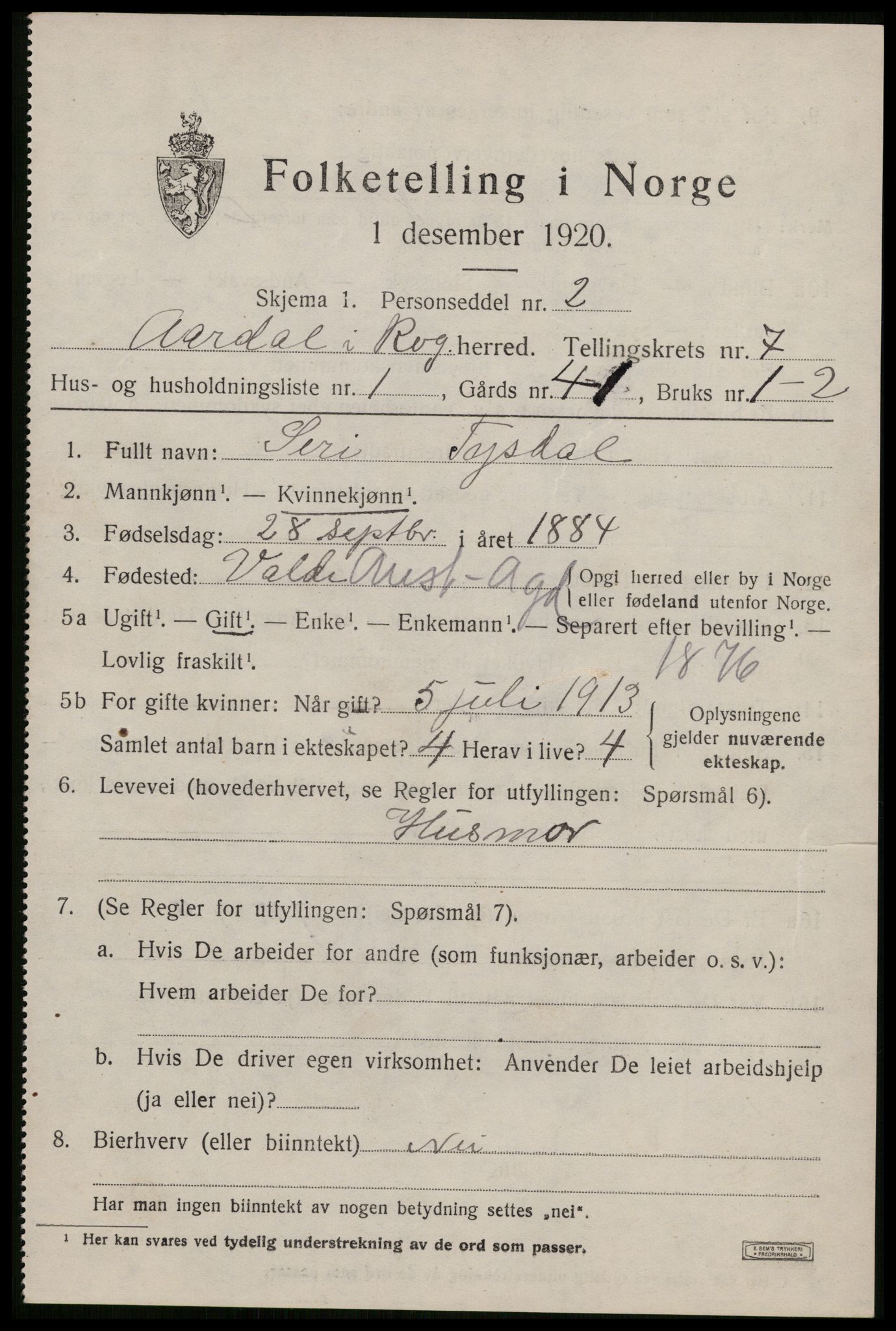 SAST, 1920 census for Årdal, 1920, p. 1968