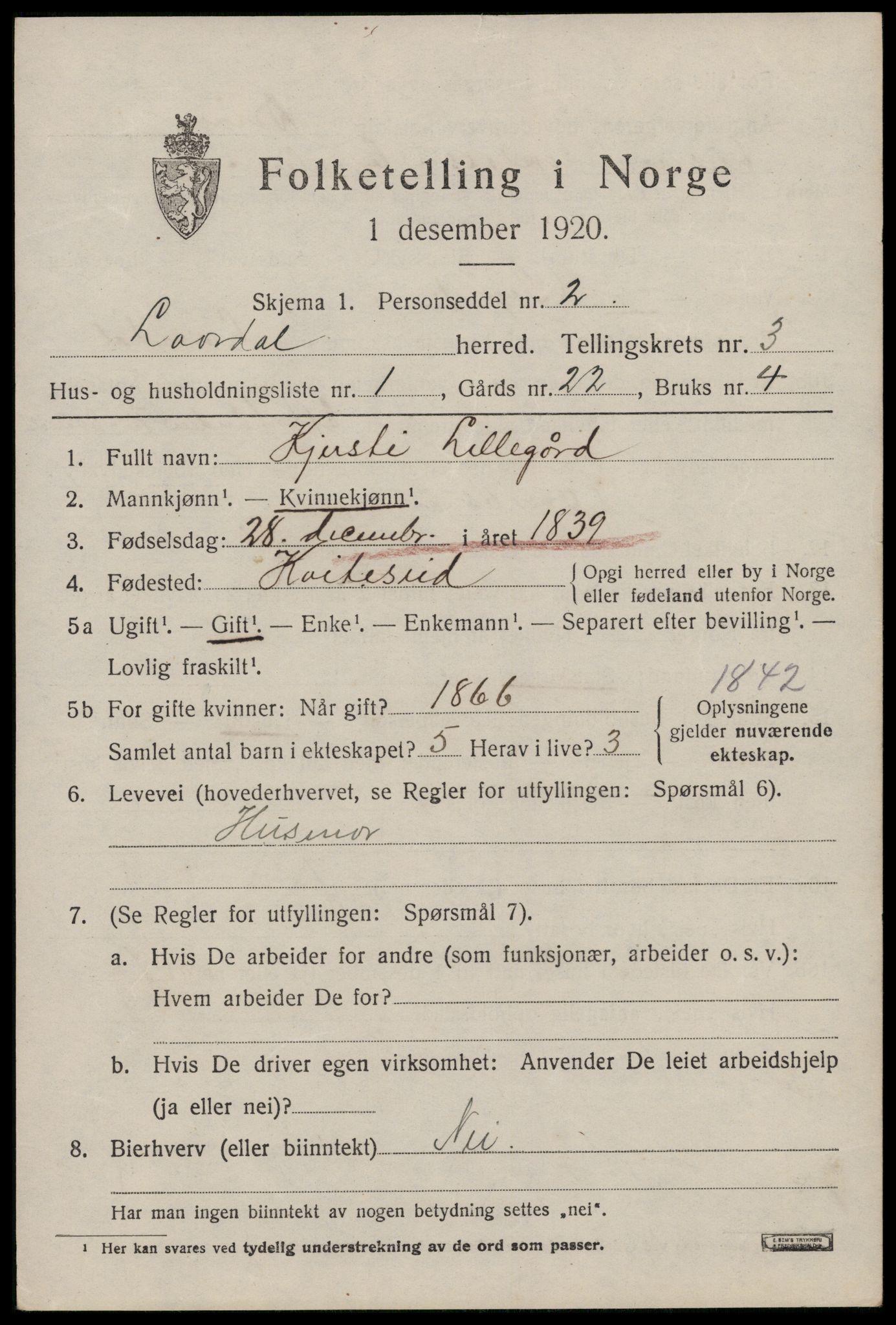 SAKO, 1920 census for Lårdal, 1920, p. 1645