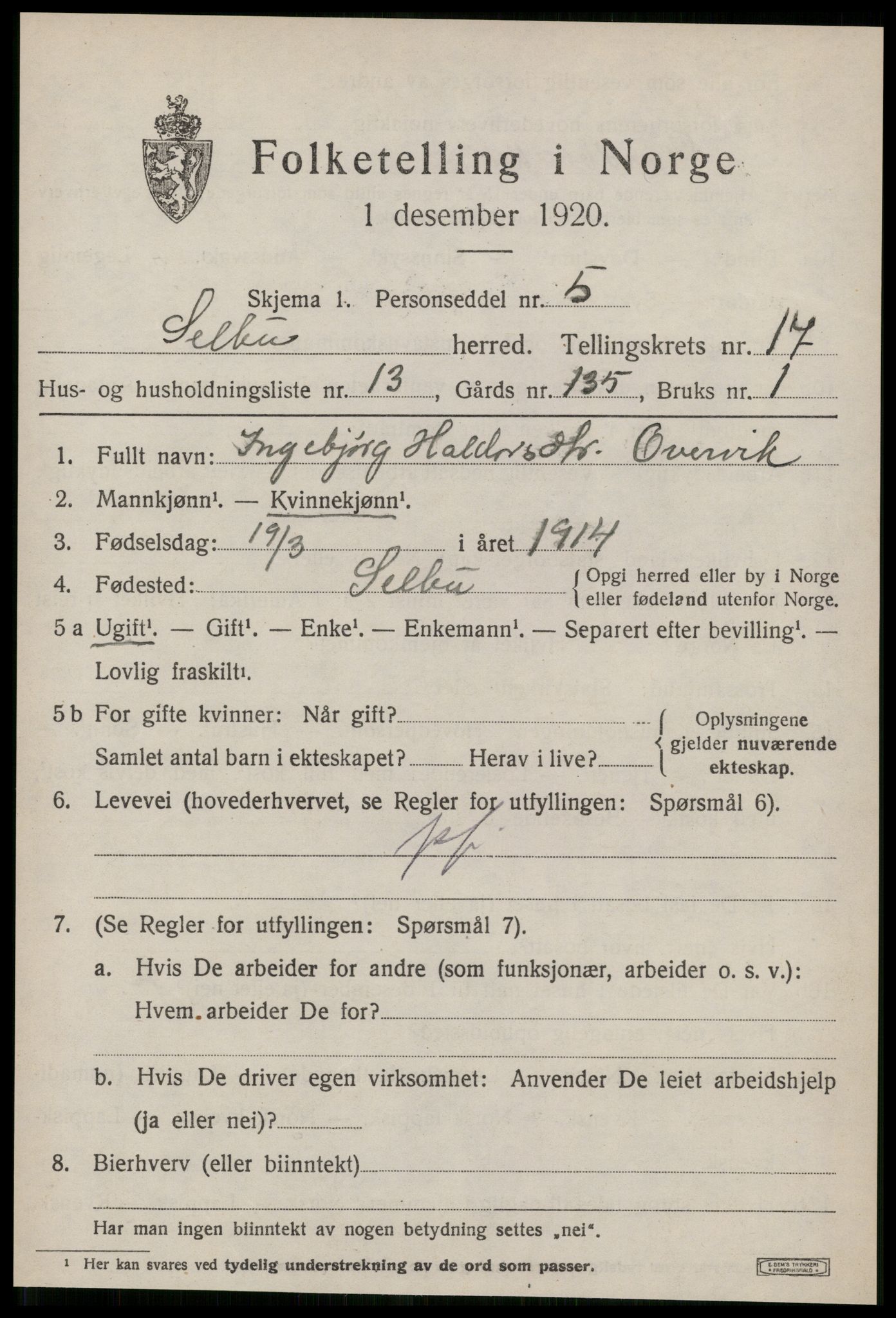 SAT, 1920 census for Selbu, 1920, p. 9042