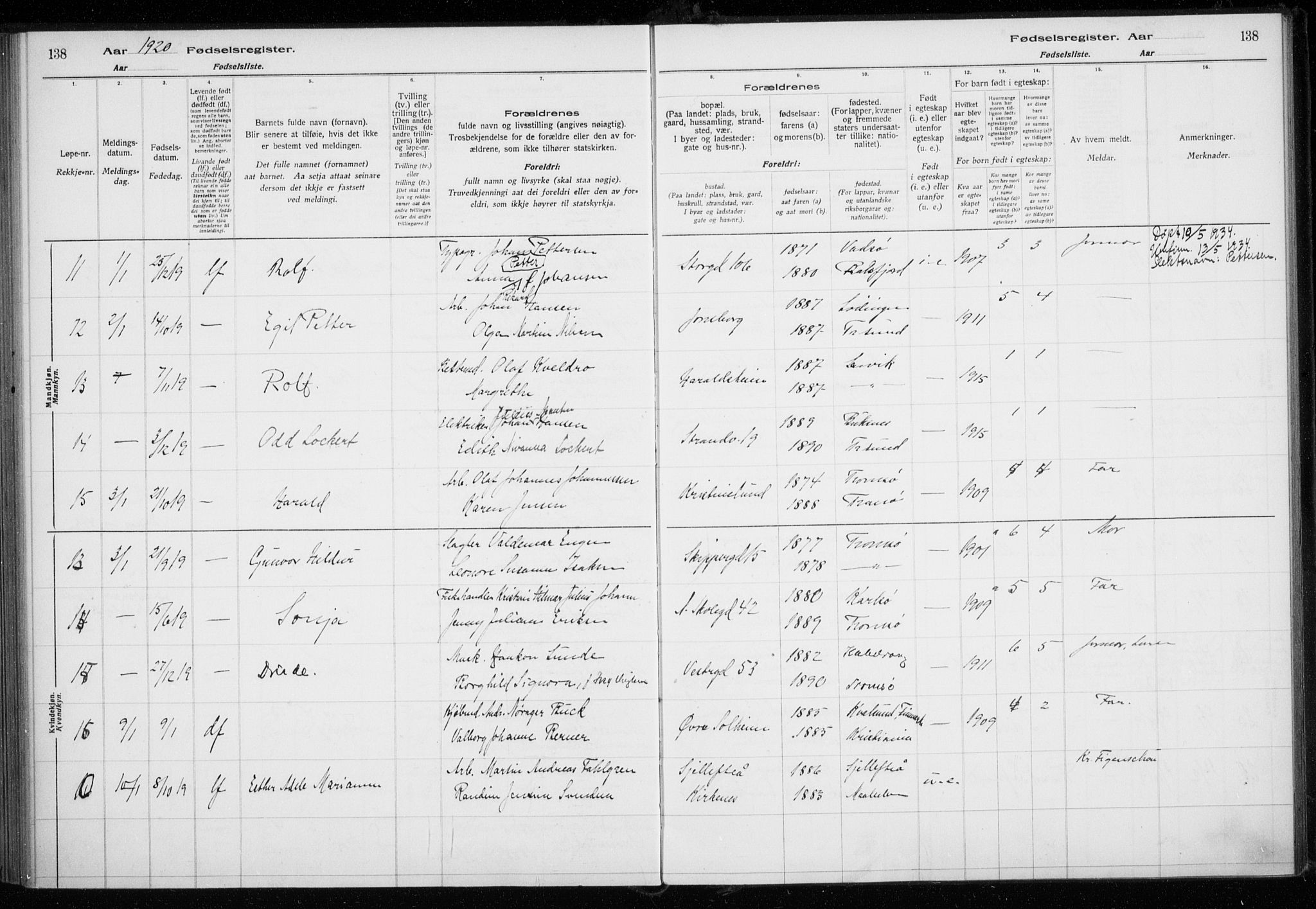 Tromsø sokneprestkontor/stiftsprosti/domprosti, AV/SATØ-S-1343/H/Ha/L0131: Birth register no. 131, 1916-1921, p. 138