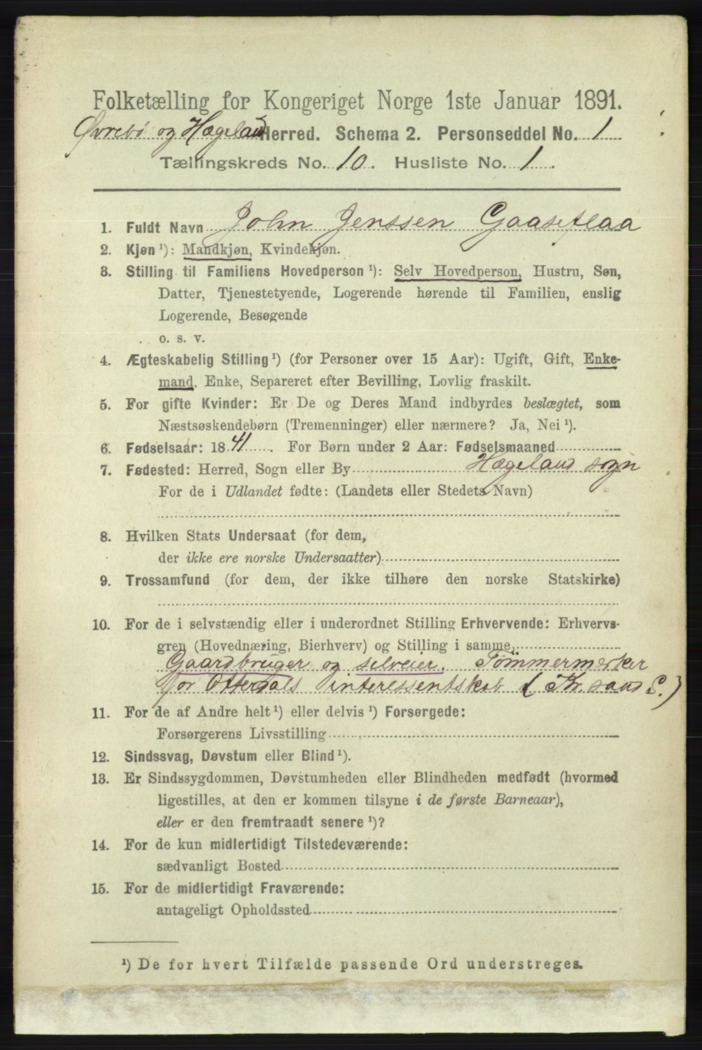 RA, 1891 census for 1016 Øvrebø og Hægeland, 1891, p. 2031