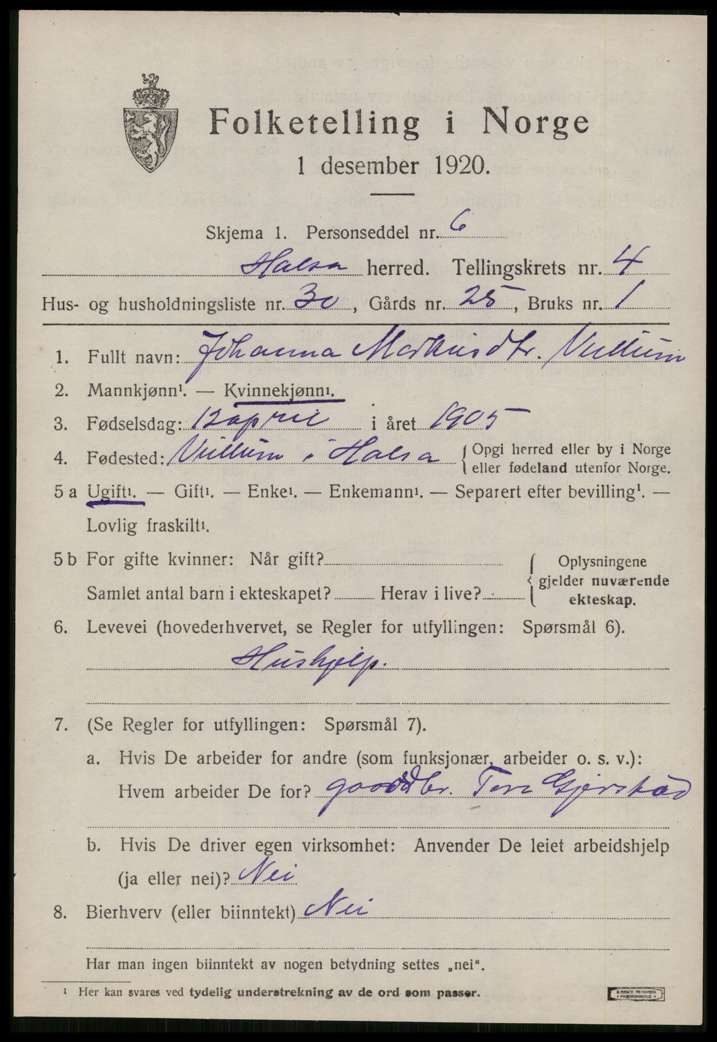 SAT, 1920 census for Halsa, 1920, p. 2001