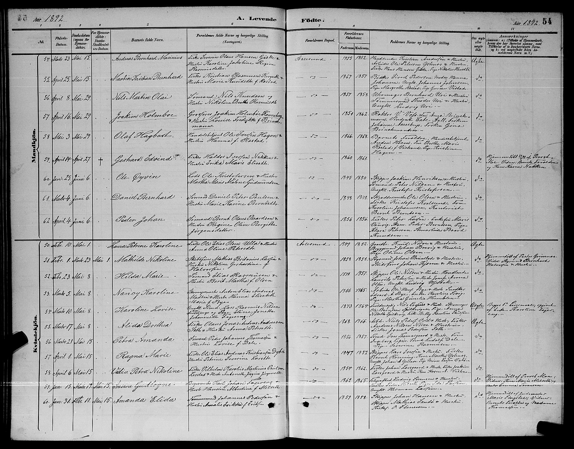 Ministerialprotokoller, klokkerbøker og fødselsregistre - Møre og Romsdal, AV/SAT-A-1454/529/L0467: Parish register (copy) no. 529C04, 1889-1897, p. 54