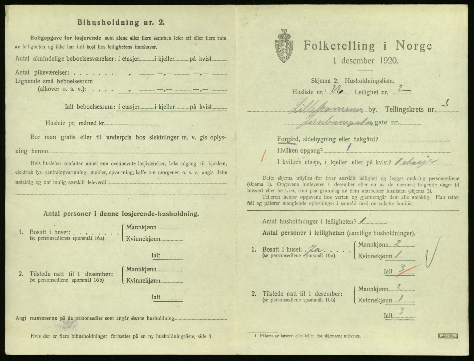 SAH, 1920 census for Lillehammer, 1920, p. 1850