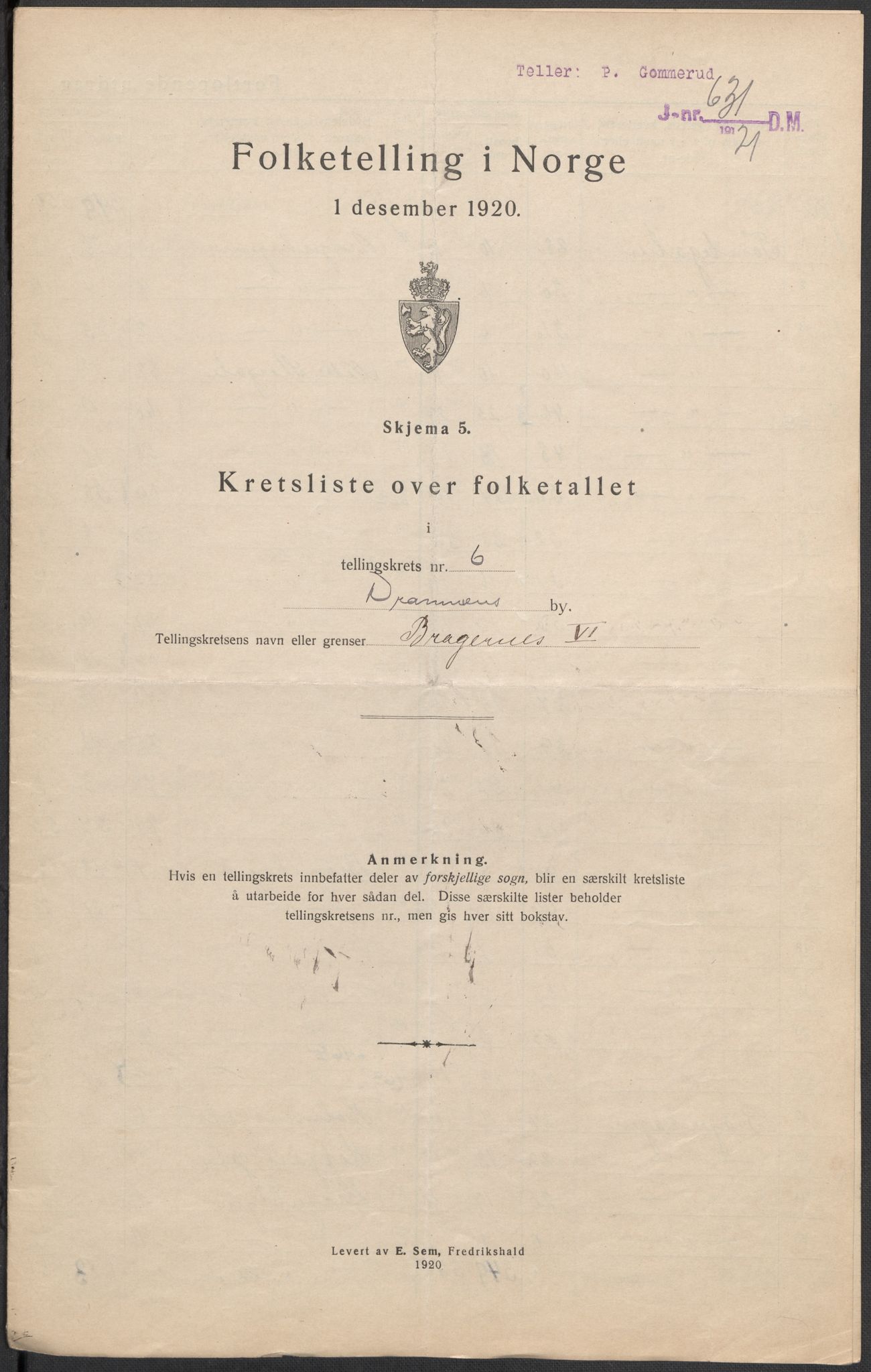 SAKO, 1920 census for Drammen, 1920, p. 43