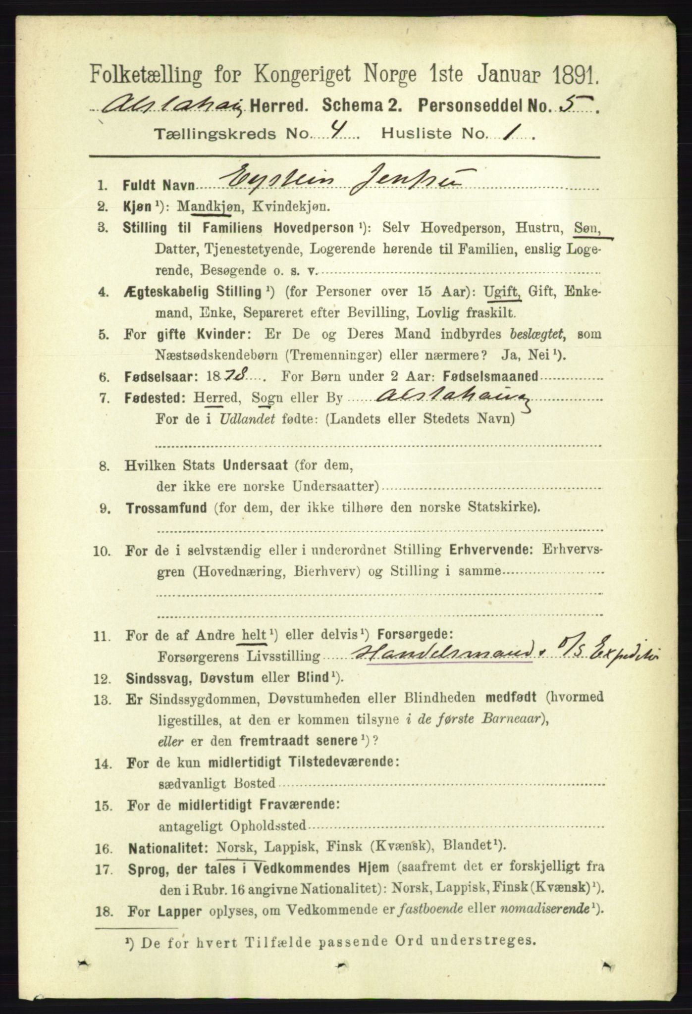 RA, 1891 census for 1820 Alstahaug, 1891, p. 1501