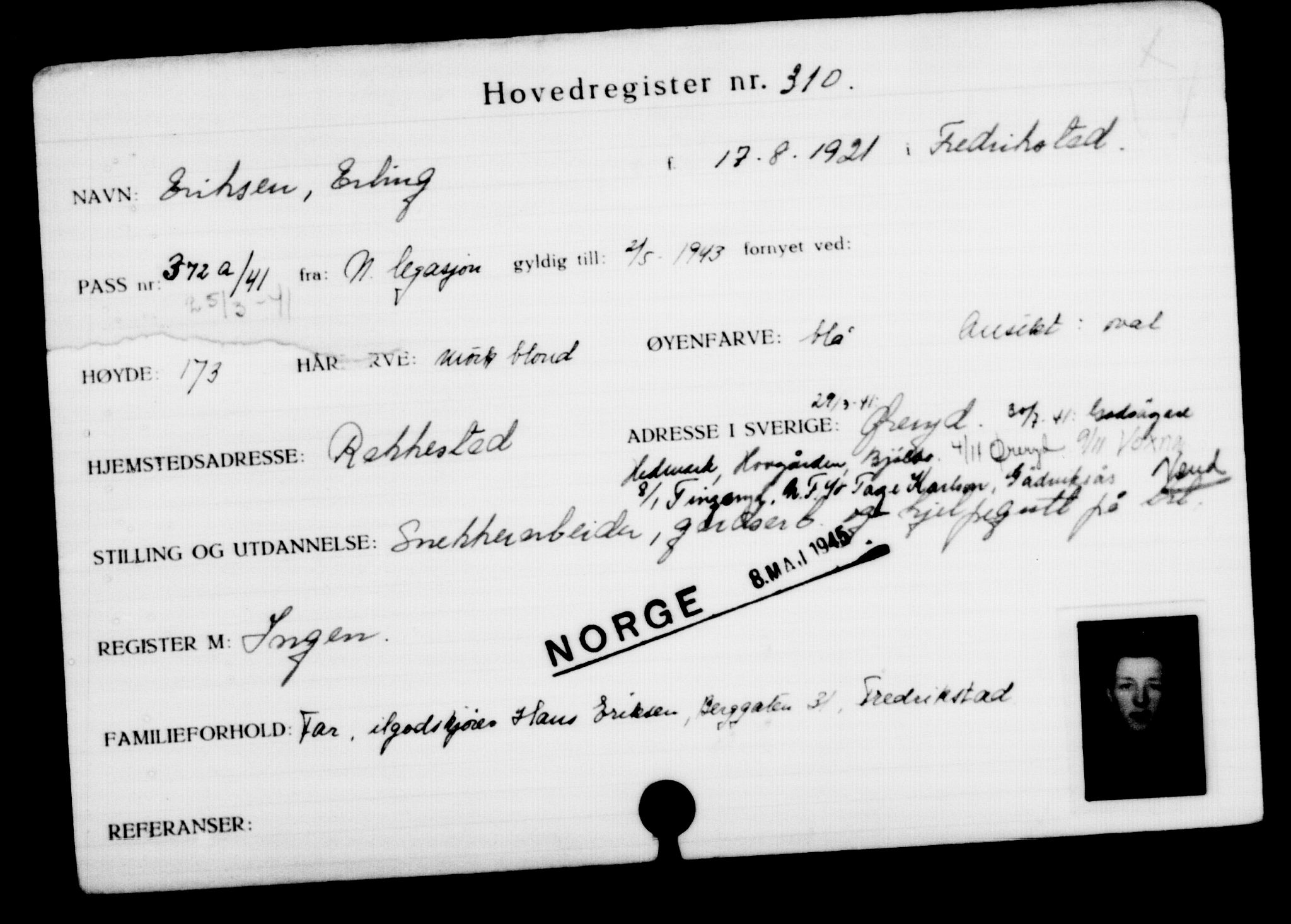Utenriksstasjonene, Legasjonen i Stockholm, Flyktningkontoret, AV/RA-S-6753/V/Va/L0001: Kjesäterkartoteket, flyktninger med registreringsnr. 1-1000, 1940-1945, p. 496