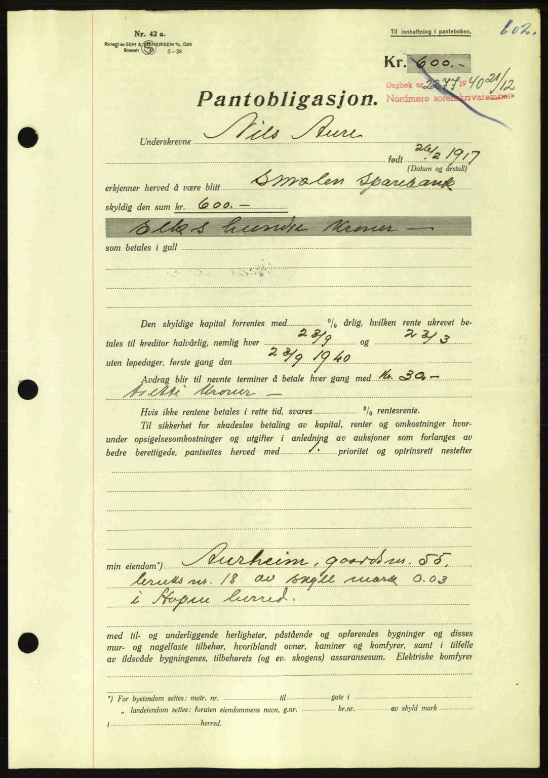 Nordmøre sorenskriveri, AV/SAT-A-4132/1/2/2Ca: Mortgage book no. B87, 1940-1941, Diary no: : 2277/1940