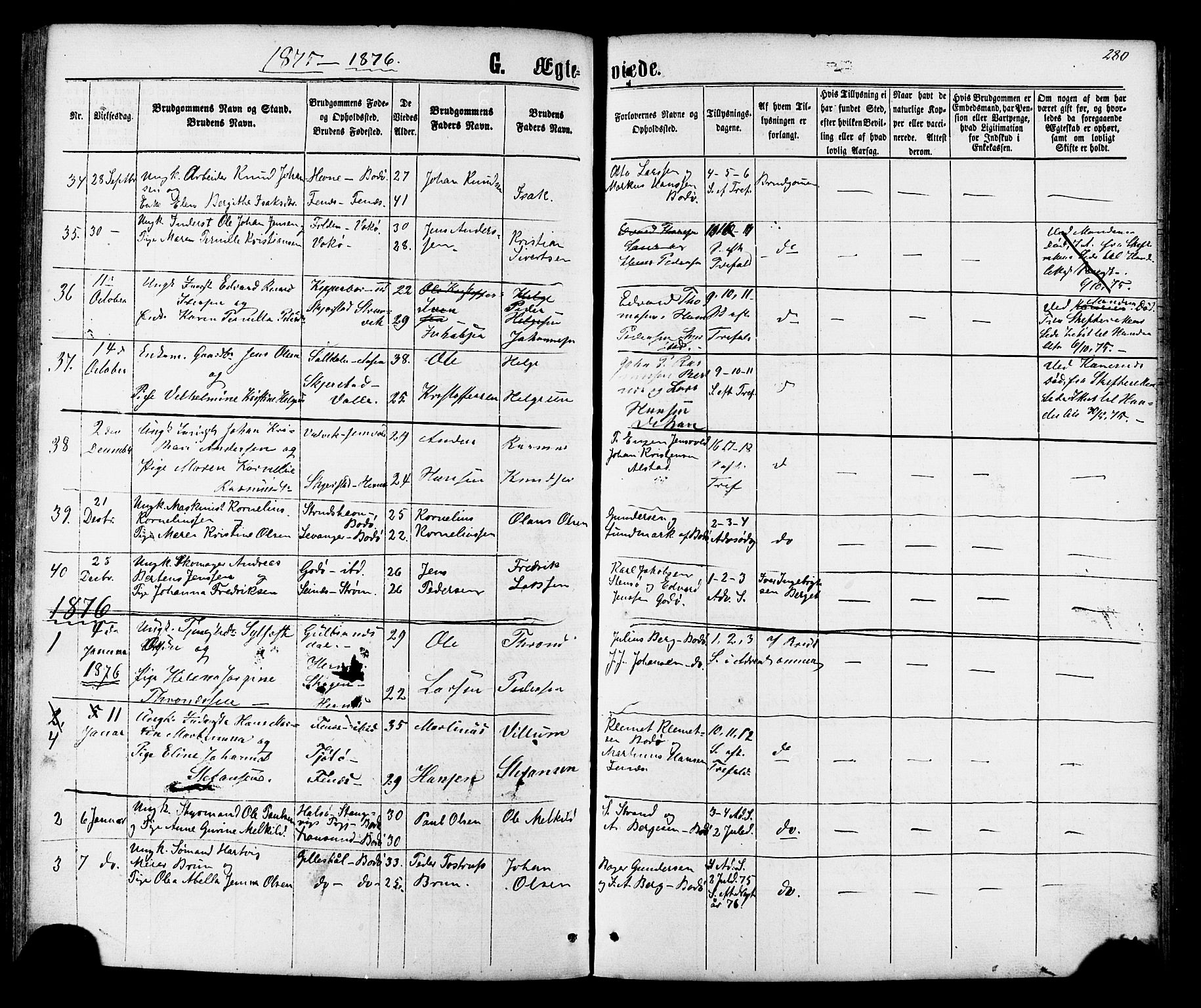 Ministerialprotokoller, klokkerbøker og fødselsregistre - Nordland, SAT/A-1459/801/L0029: Parish register (copy) no. 801C04, 1868-1878, p. 280