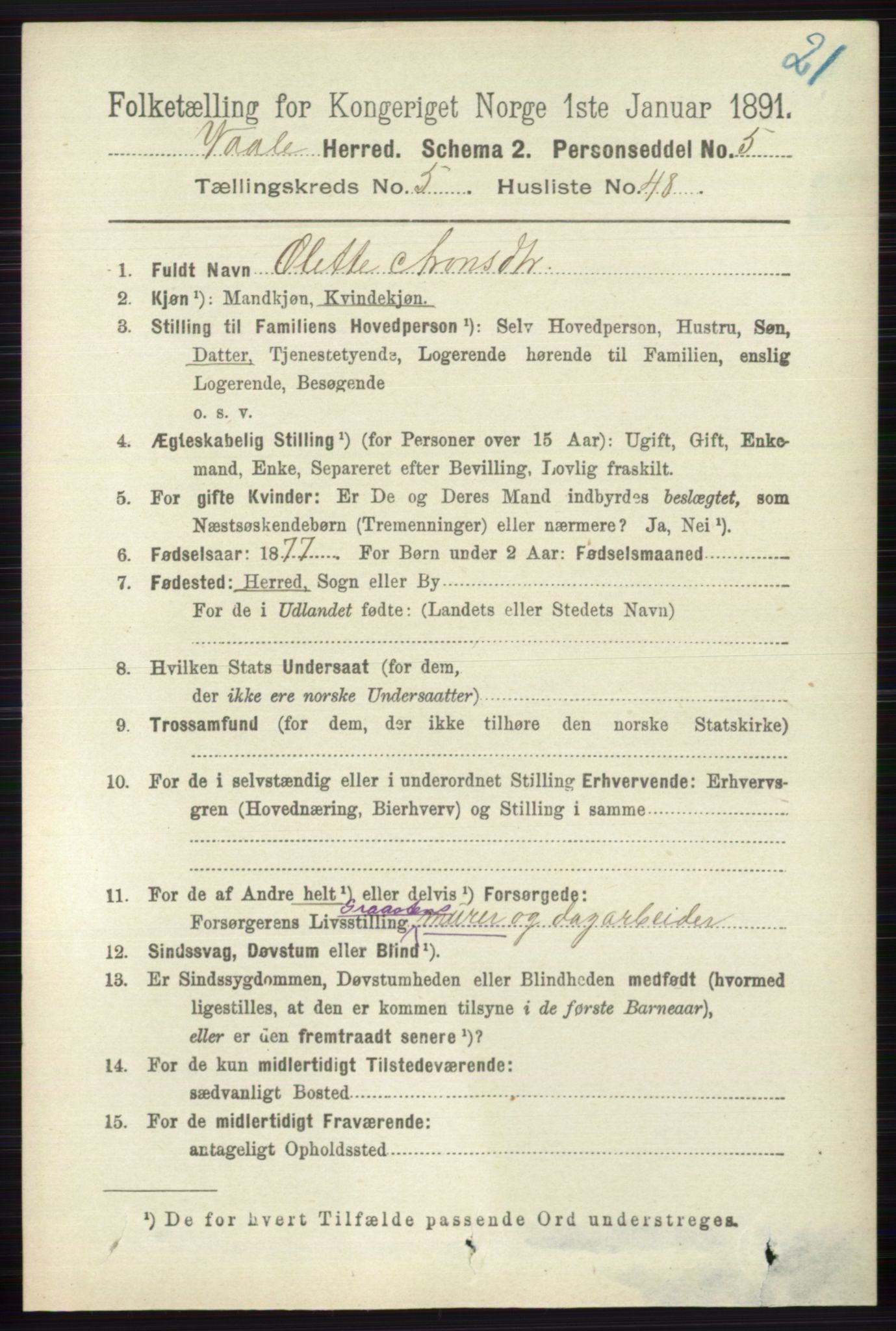 RA, 1891 census for 0716 Våle, 1891, p. 1684