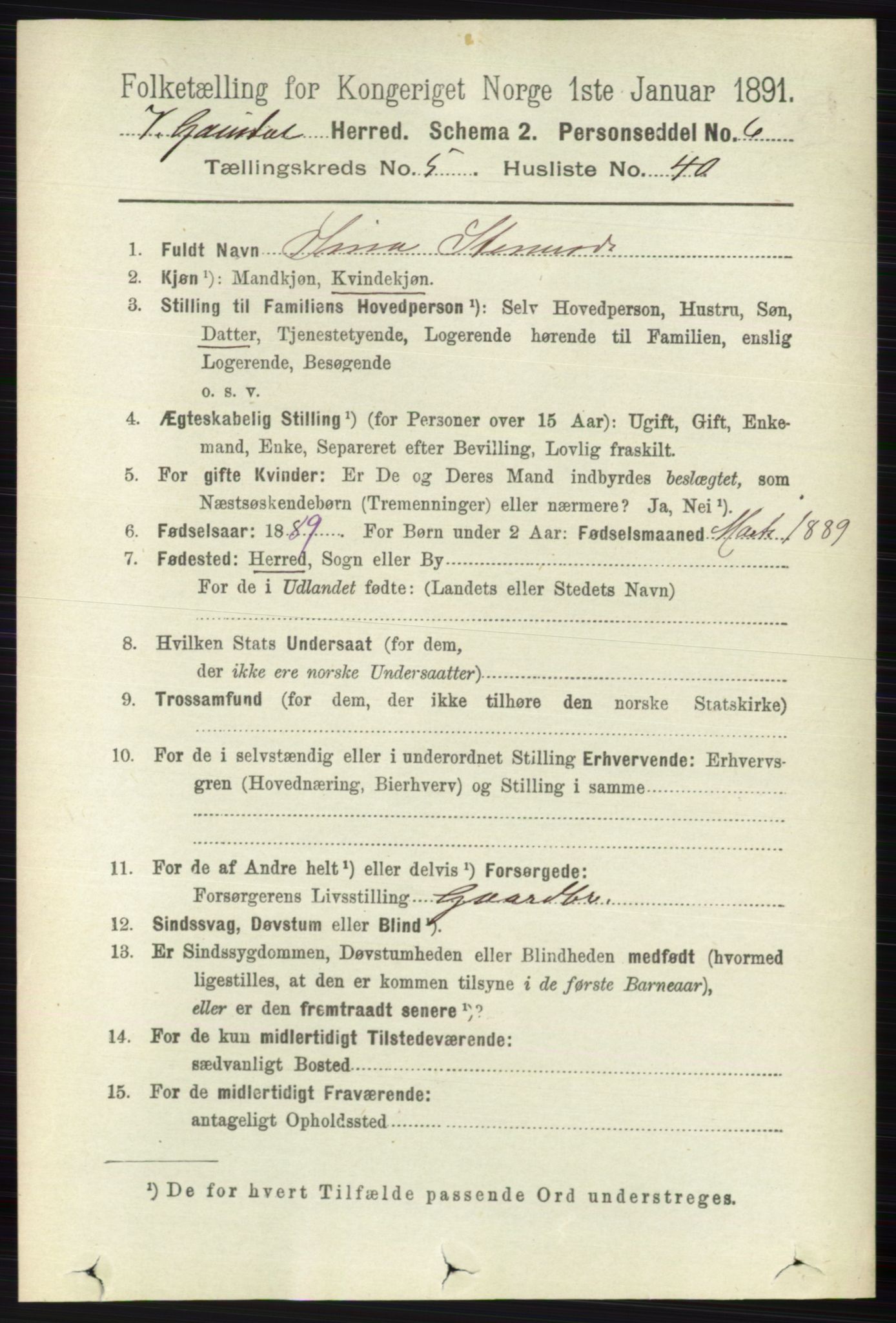 RA, 1891 census for 0523 Vestre Gausdal, 1891, p. 2391