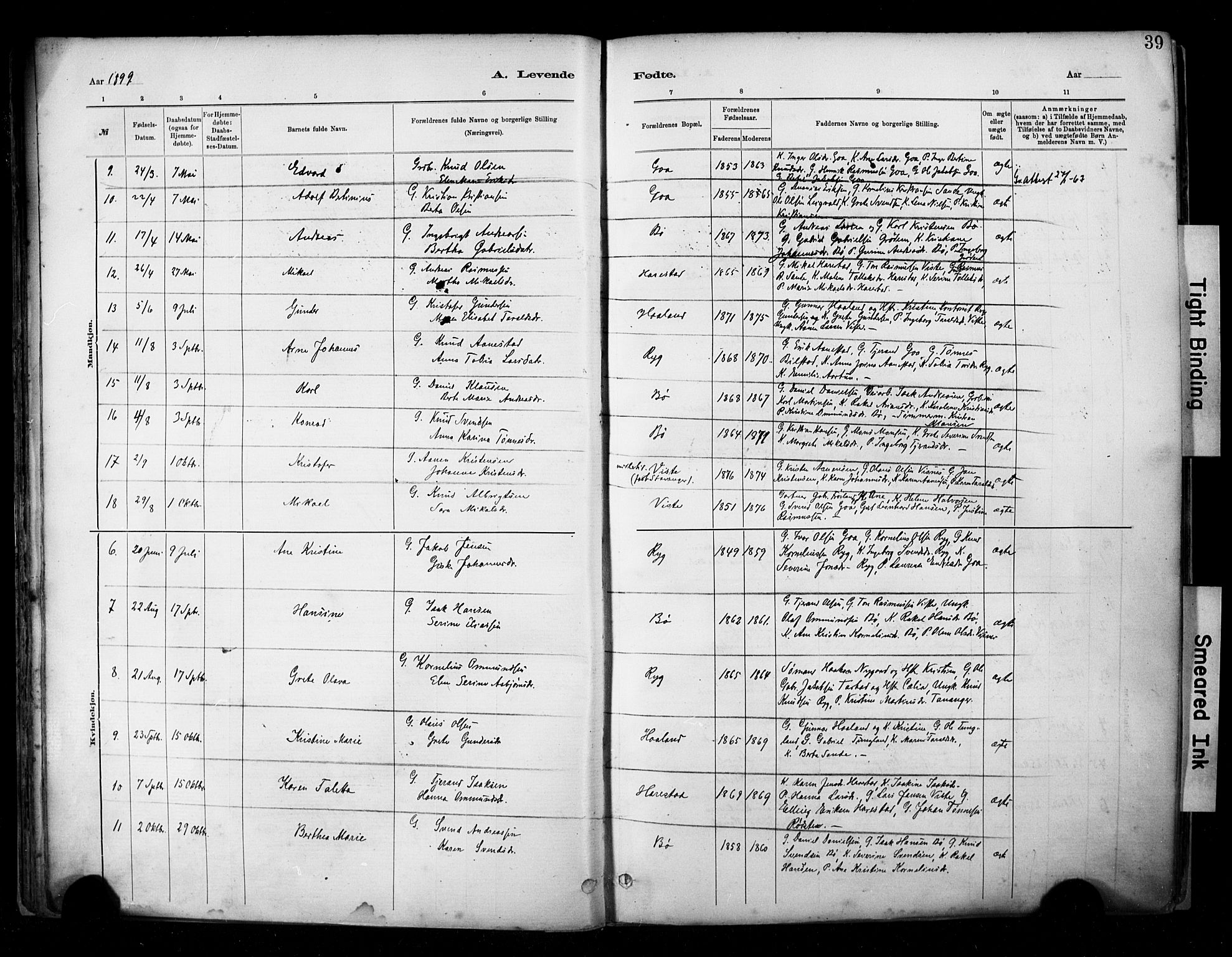 Hetland sokneprestkontor, SAST/A-101826/30/30BA/L0009: Parish register (official) no. A 9, 1882-1918, p. 39