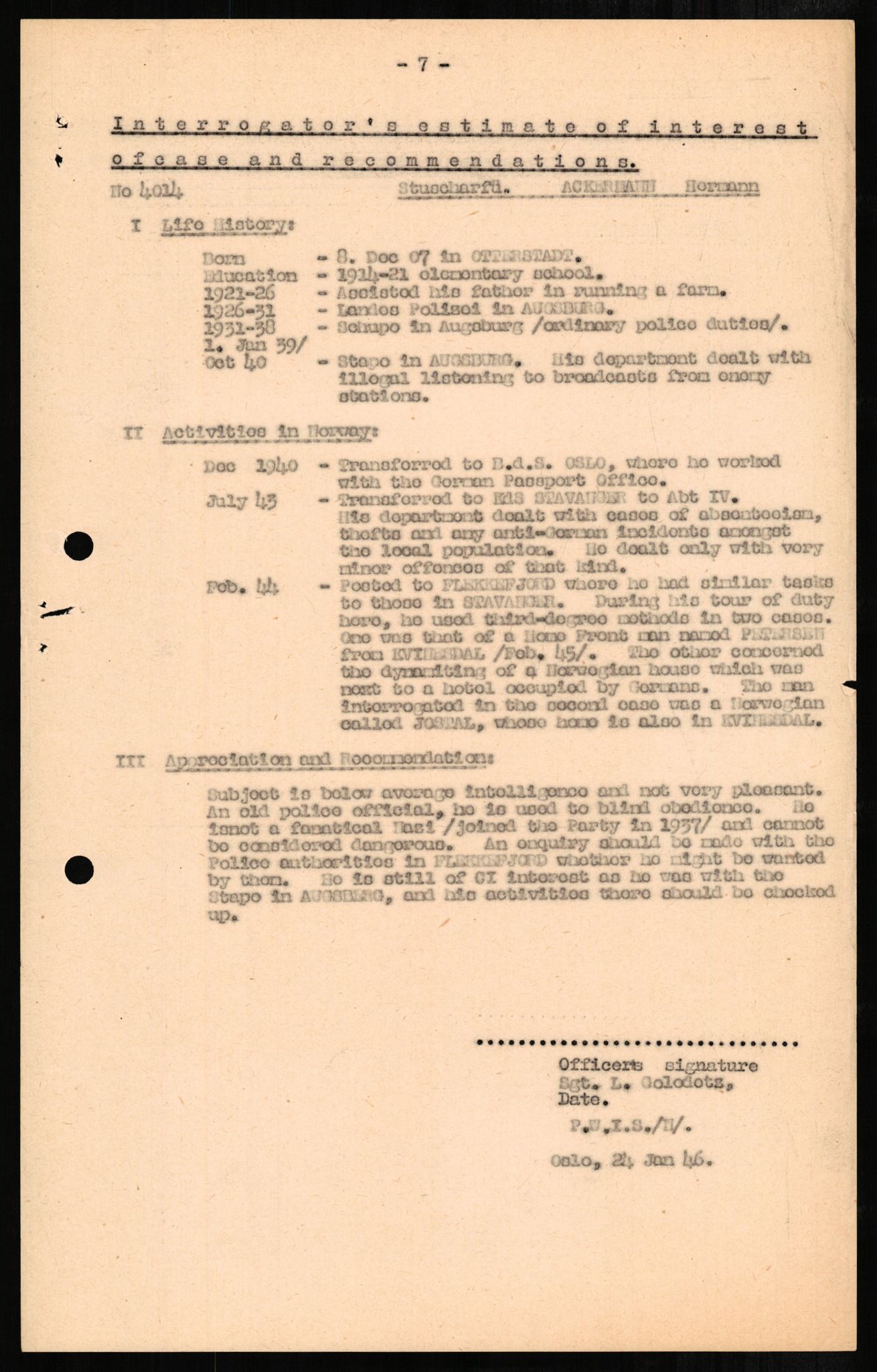 Forsvaret, Forsvarets overkommando II, AV/RA-RAFA-3915/D/Db/L0001: CI Questionaires. Tyske okkupasjonsstyrker i Norge. Tyskere., 1945-1946, p. 37