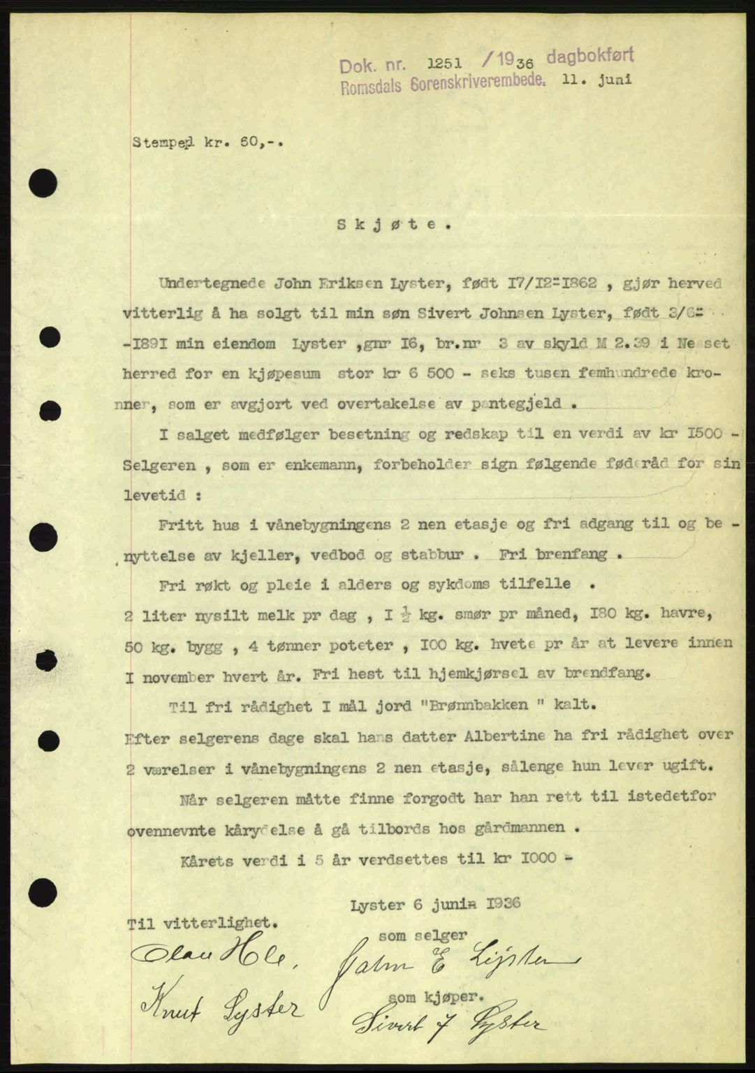 Romsdal sorenskriveri, AV/SAT-A-4149/1/2/2C: Mortgage book no. A1, 1936-1936, Diary no: : 1251/1936