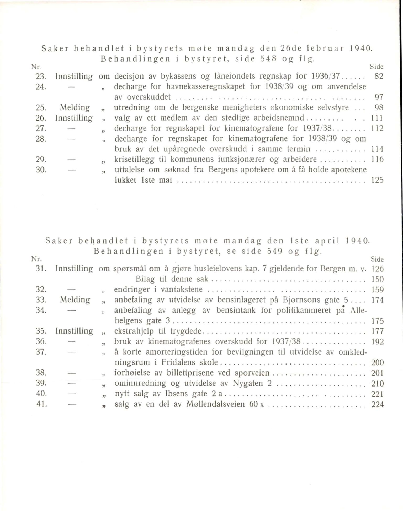 Bergen kommune. Formannskapet, BBA/A-0003/Ad/L0140: Bergens Kommuneforhandlinger, bind I, 1940