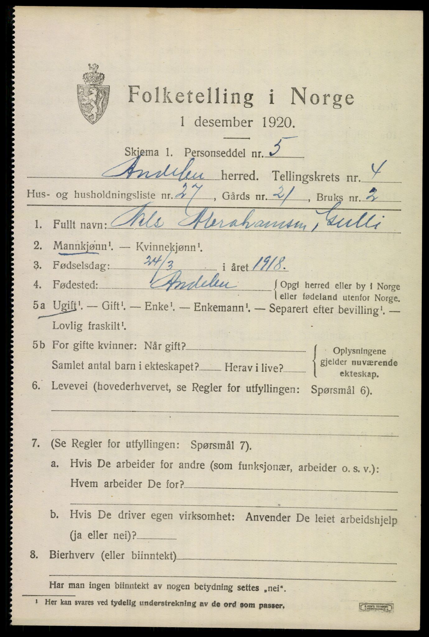 SAKO, 1920 census for Andebu, 1920, p. 2624